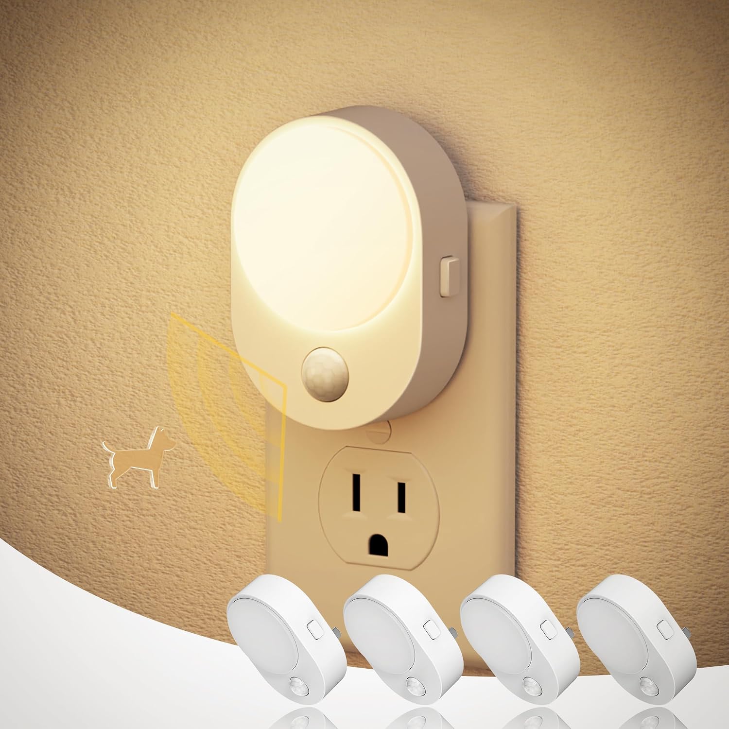JandCase Motion Sensor Night Light, 4 Pack Motion Activated Sensor Night Lights Plug into Wall, 3000K Warm White, Dimmable Nightlight with…