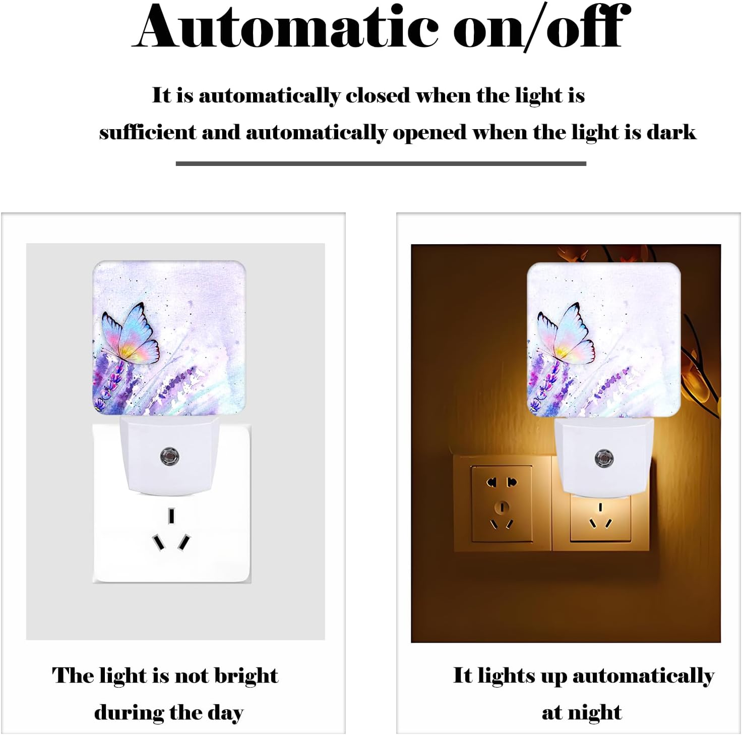 Lavender Butterfly Night Light, Plug-in Nightlights Auto Sensor Night Lamp Dusk-to-Dawn Lamp Home Decor for Nursery Children Girls Boys