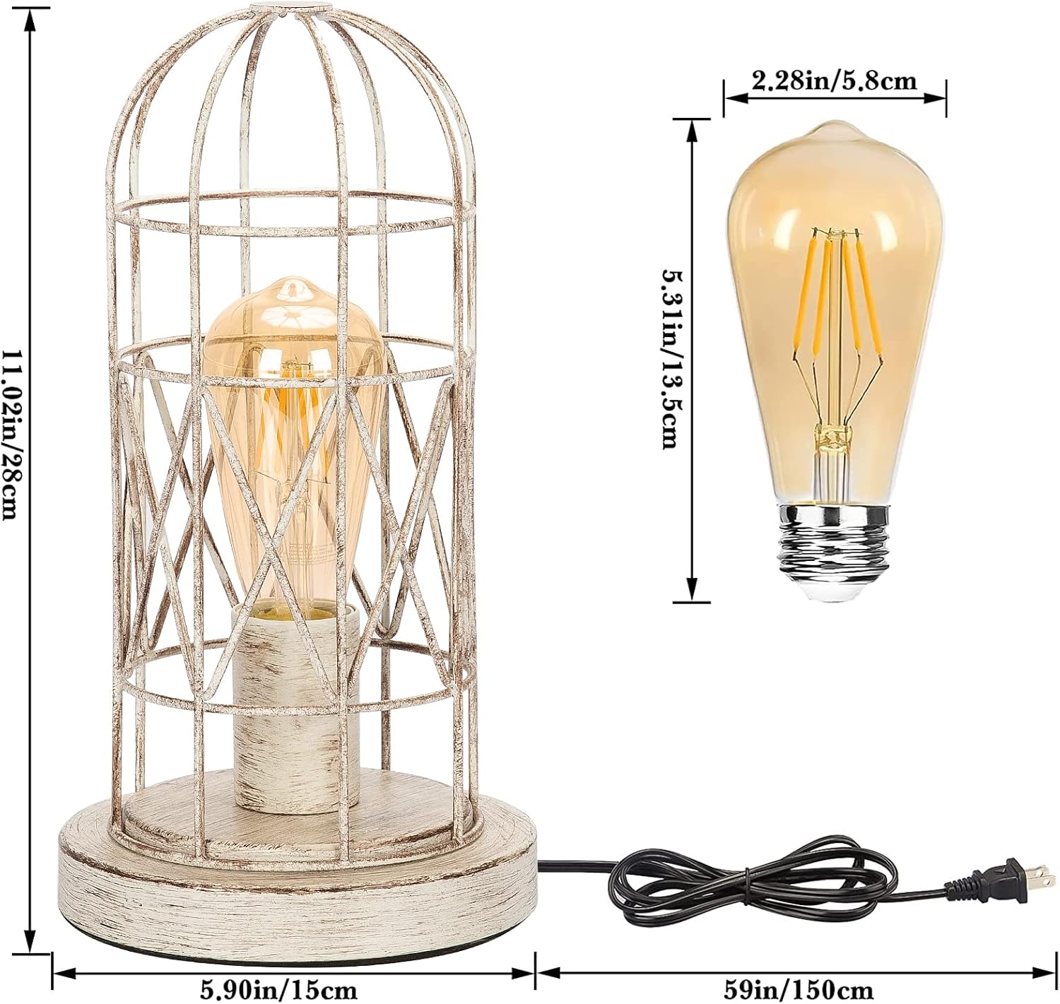 Small Table Lamp, Touch Control Table Lamp with Brushed White Oak Cage, Farmhouse Bedside Lamp 3-way Dimmable Nightstand Lamp Edison Lamp…