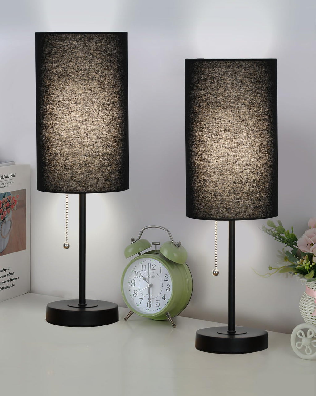 Small Table Lamps Set of 2 Desk Lamps for Living Room 3 Way Dimmable Black Nightstand Lamps with Metal Base Fabric Shade | Pull Chain…