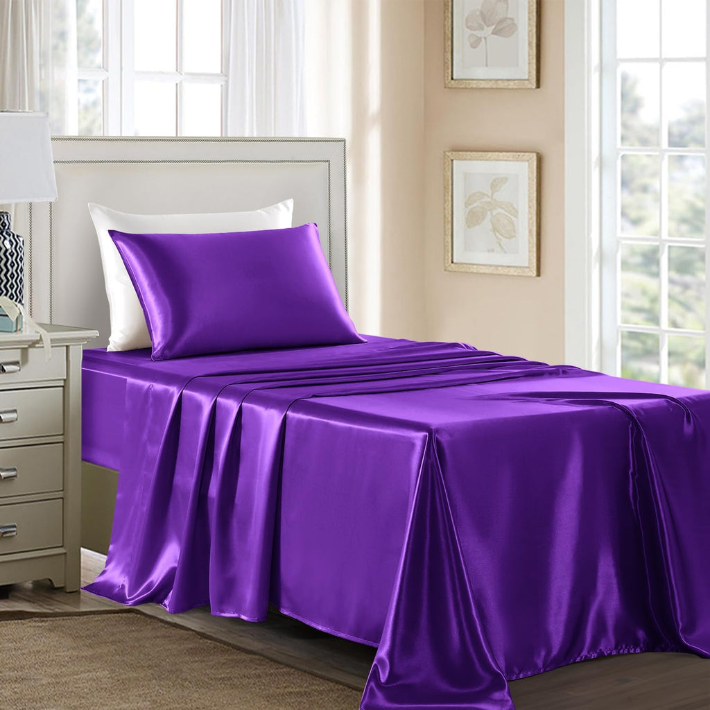 Golal Satin Bed Linen Set, 3Pcs Luxury Silky Soft Twin XL Sheets with Deep Pocket Fitted Sheet, Wrinkle-Free, Dark Purple 3Pcs