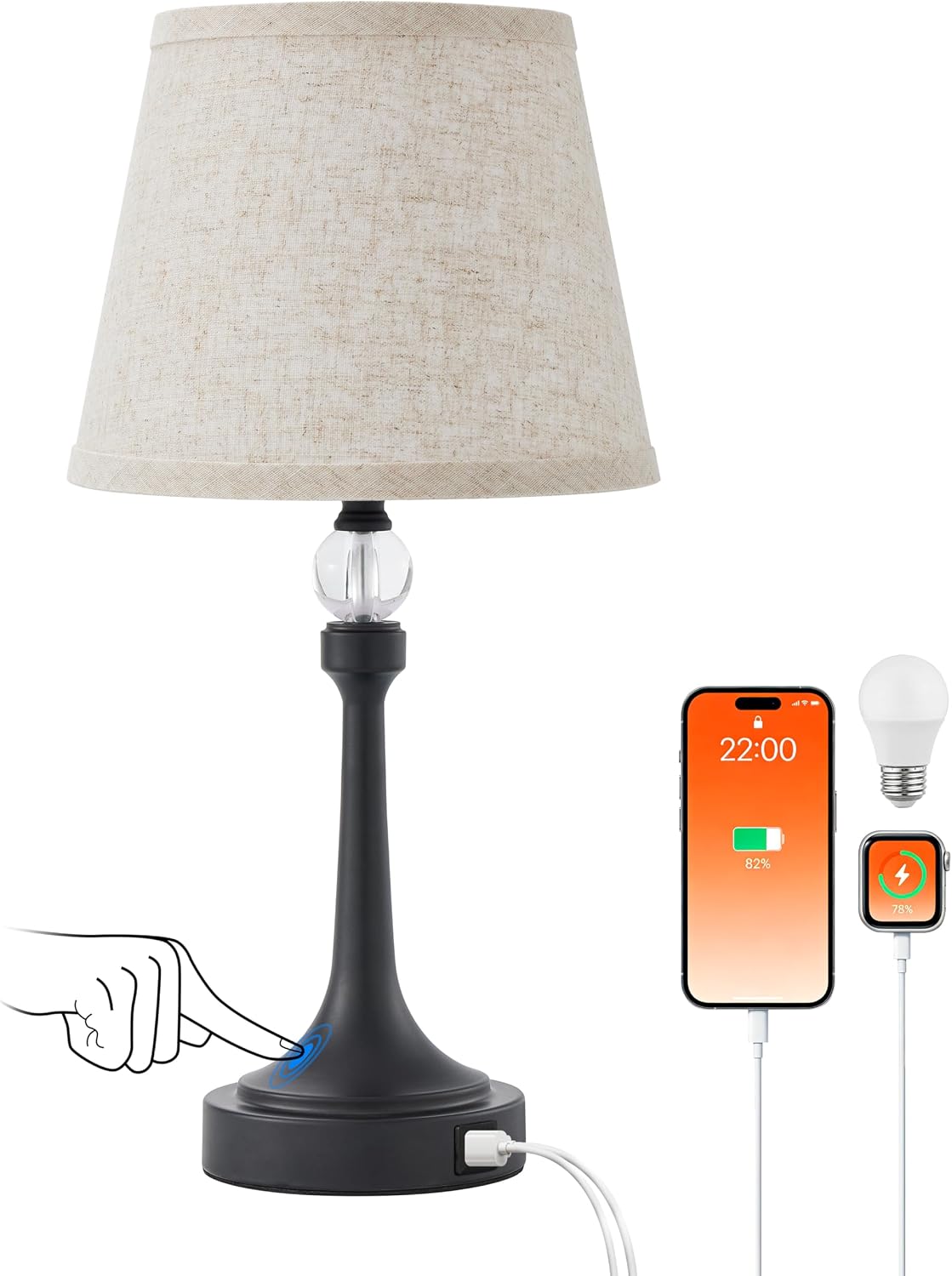 19.7'' Touch Table Lamps for Living Room, Small Lamp for Bedroom with USB C+A Ports, Dimmable Touch Lamps, Reading Desk Lamp for Office…