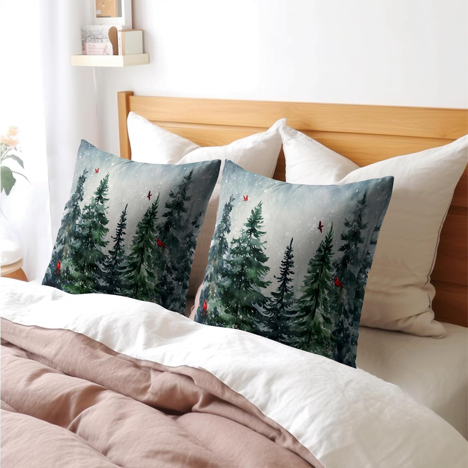 Granbey Green Tree Throw Pillow Covers Winter Snowy Forest Pillowcase 16x16 inch 2 PCS Nature Landscape Red Bird Decorative Cushion Cover f…