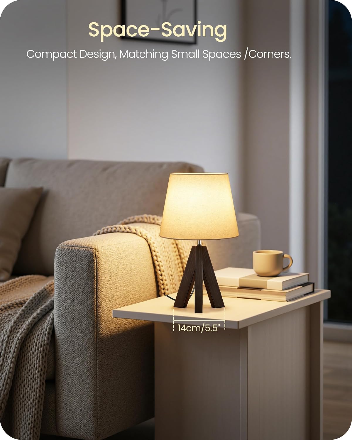 Tripod Table Lamp, 14.6" Small Bedside Table Lamp, Modern Nightstand Lamp with White Linen Shade & Dark Walnut Base, Boho Desk Lamp for…