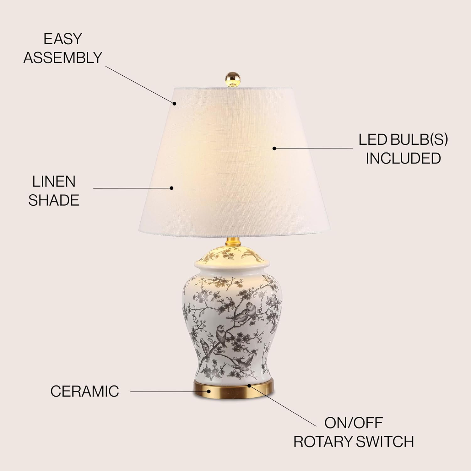 JONATHAN Y 22" Gray/White Ceramic Table Lamp, French Country Chinoiserie Ginger Jar LED Bedside Lamp for Living Room Bedroom, White Linen…
