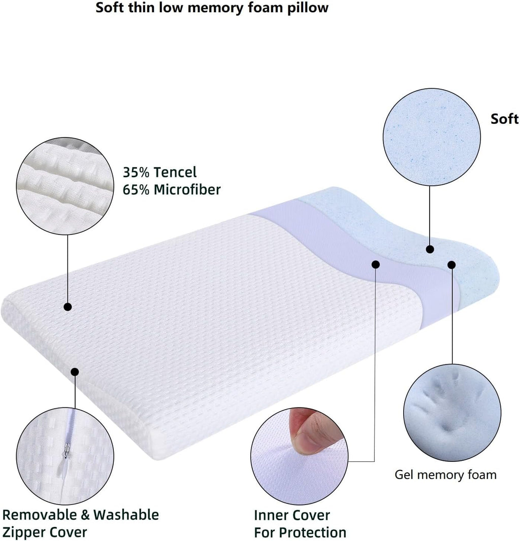 Suqiome SUQ I OME Sleeper-Gel Thin Memory Foam Pillow for Sleeping, Contour Thin & Low Cervical Profile, for Neck Pain, Stomacher, Back…