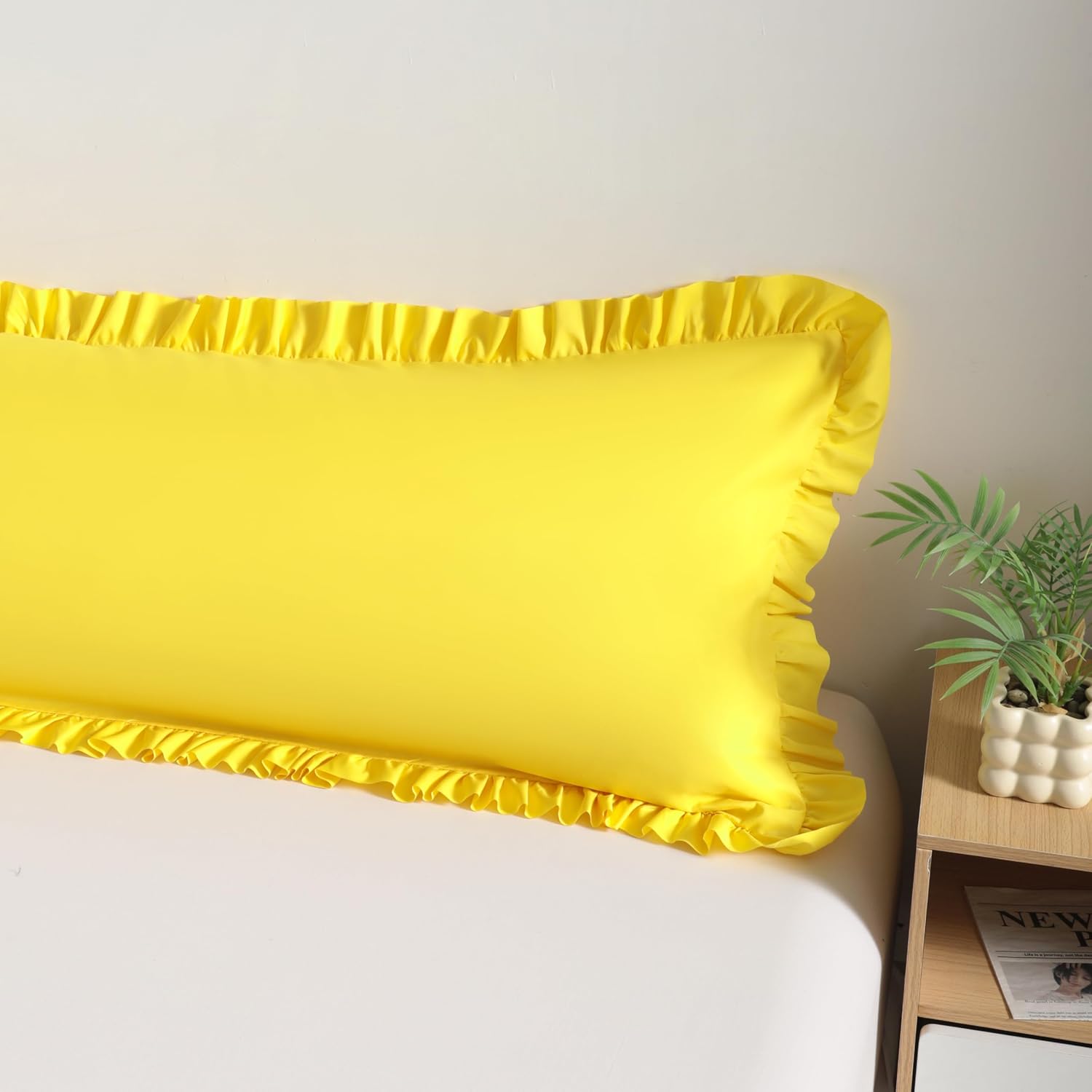 Bedsum Ruffled Body Pillowcase, 20x54 Body Pillow Cover, Brushed Microfiber with Envelope Closure, Soft Wrinkle-Resistant, Yellow