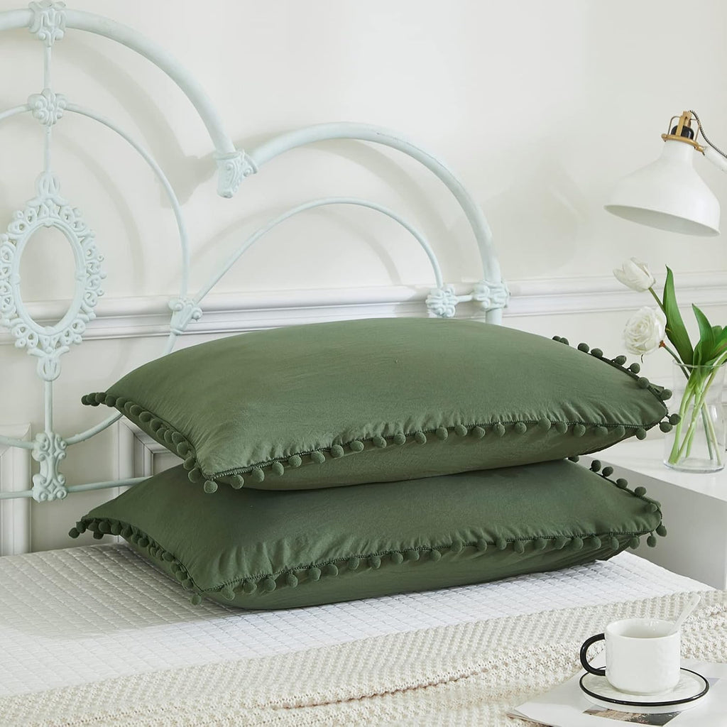 Moveover Dark Green Pom Poms Pillowcases, Green Standard Pillow Cases Set of 2, 100% Washed Microfiber, Bronze Green Ball Fringe Pillow Cov…
