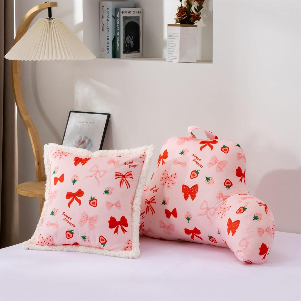 Holawakaka Kids Backrest Reading Pillow with Arms, Strawberry Bowknot Print Plush Bed Rest Pillows for Girls Teens Sitting in Bed, Sofa…