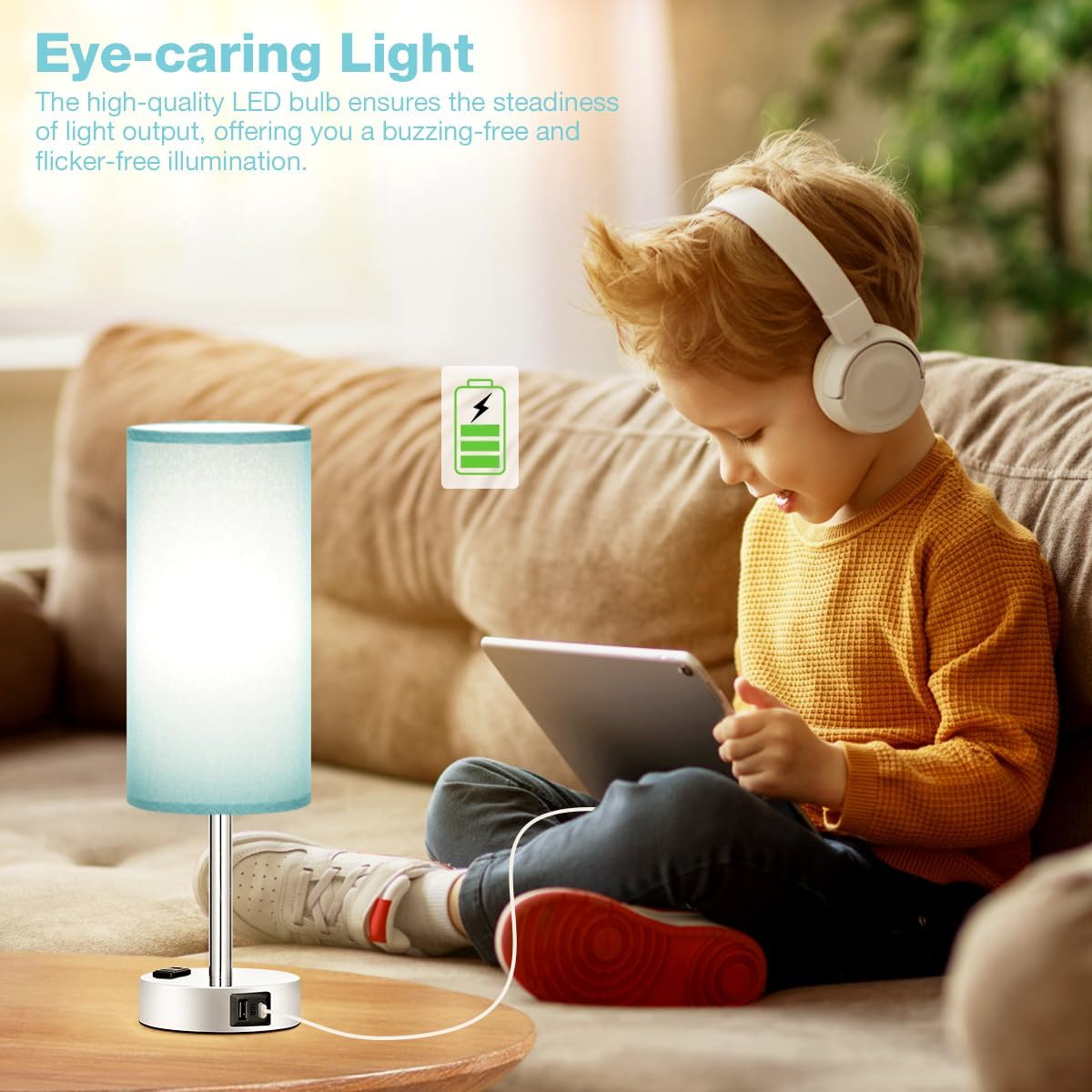 Fenmzee Turquoise Nightstand Table Lamp for Bedroom - 3 Way Dimmable Touch Lamp USB A and C Charging Ports and AC Outlet, Small Lamp for…