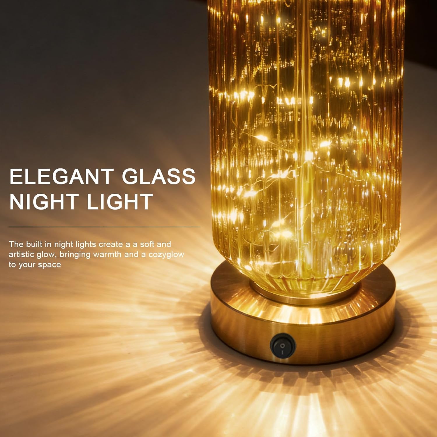 Oneach 24.5" Bedside Table Lamps Set of 2, Amber Glass Nightstand Lamps with USB A+C Charging Ports and Night Light, Gold Modern Lamps…
