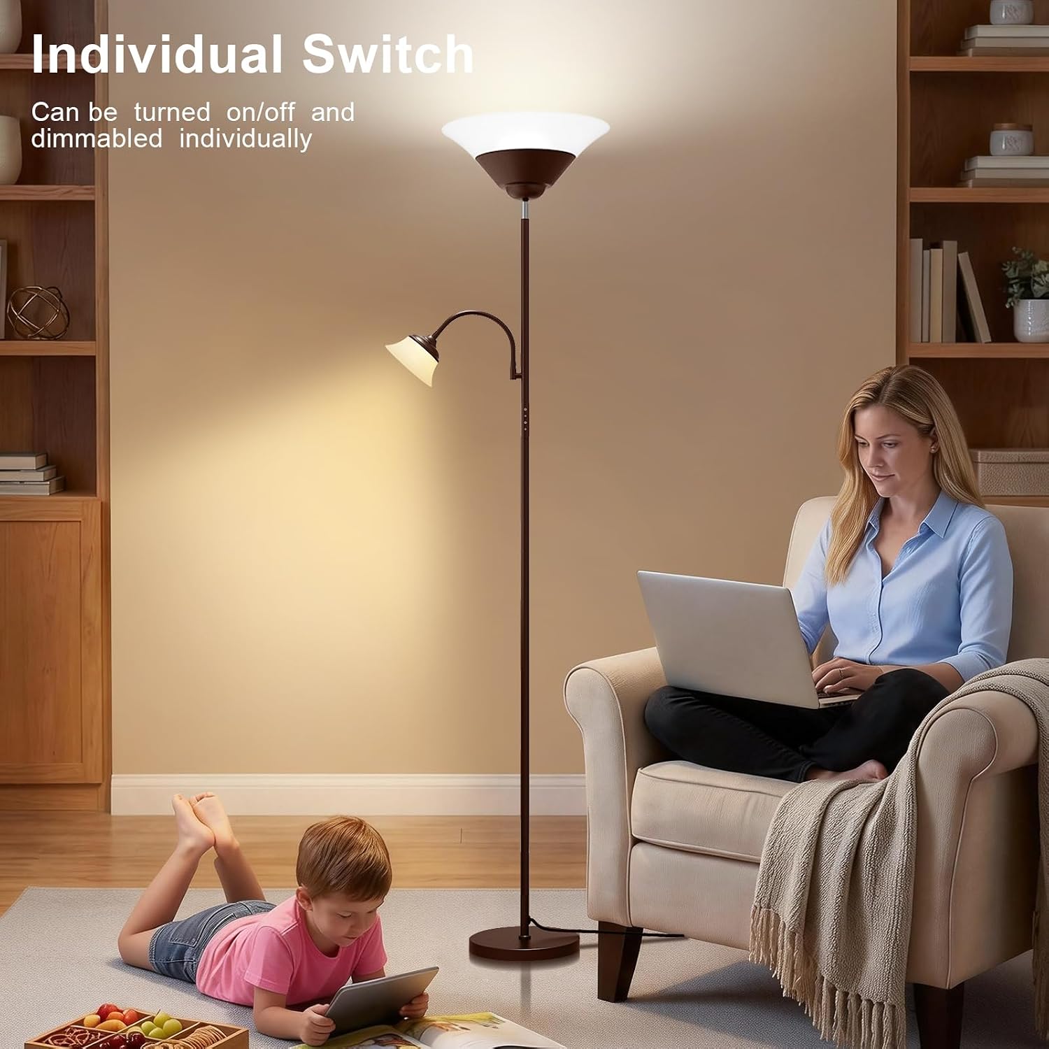 Sibrille 2-in-1 Torchiere Floor Lamp, 34W Super Bright LED Standing Lamp with Remote & Touch Control, 72" Dimmable Adjustable Corner Readin…