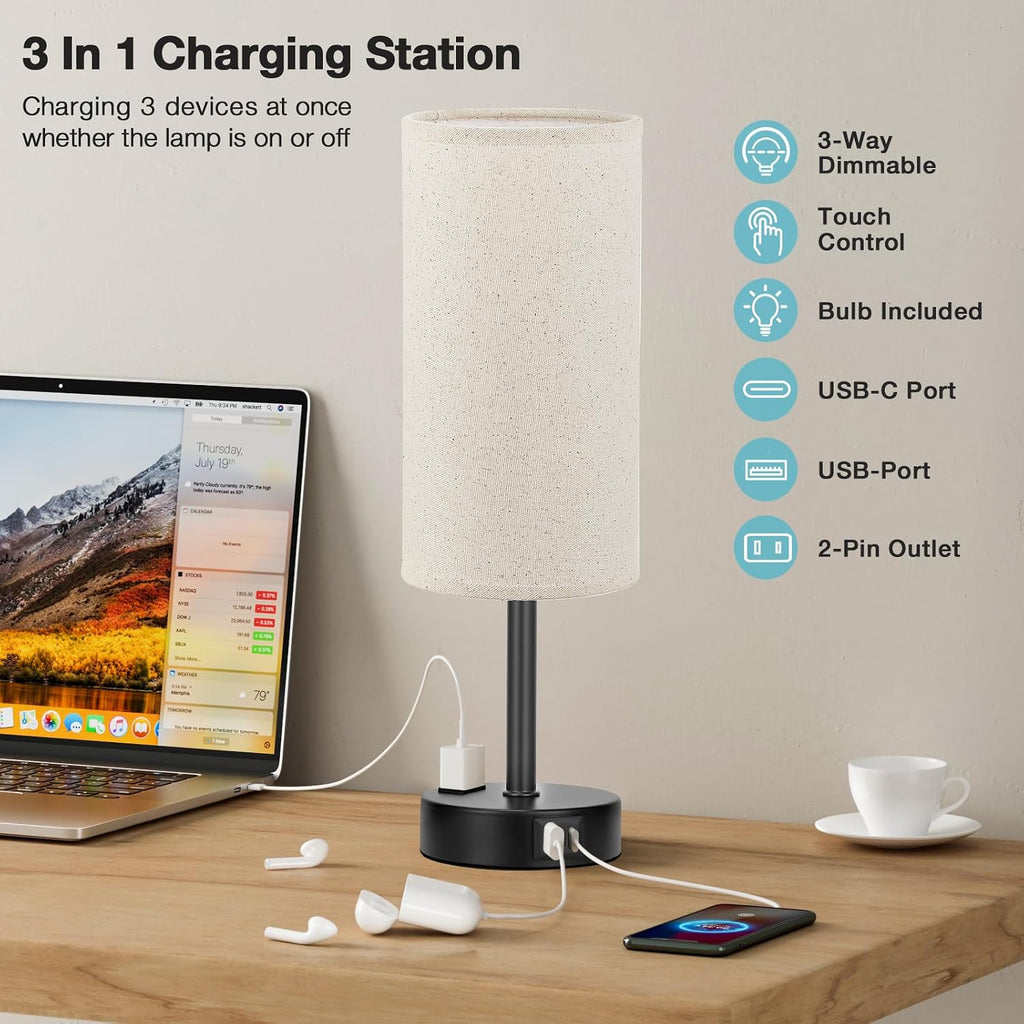 Fenmzee Beige Touch Table Lamp for Bedroom - 3 Way Dimmable Bedside Lamp USB C Charging Ports and AC Outlet, Small Lamp with Fabric Shade…