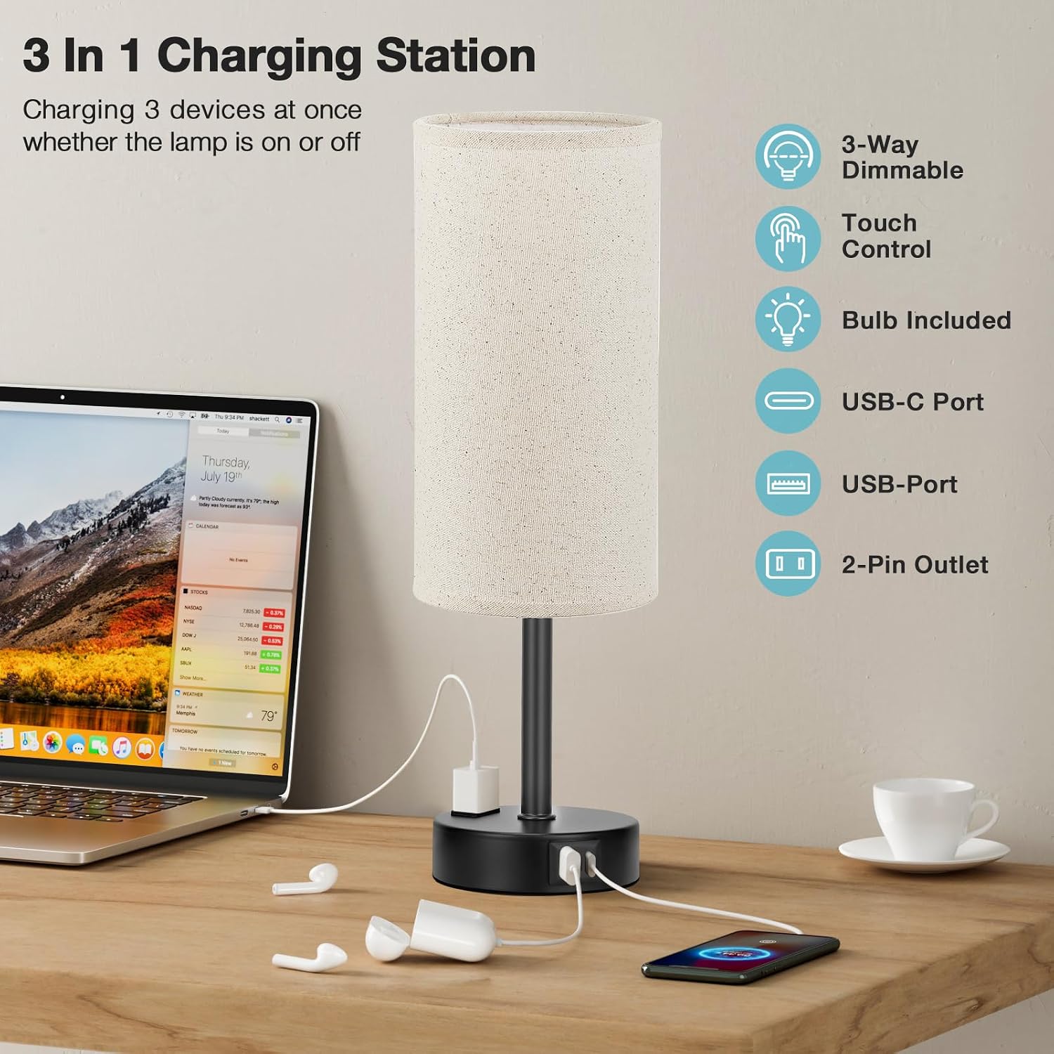 Fenmzee Beige Touch Table Lamp for Bedroom - 3 Way Dimmable Bedside Lamp USB C Charging Ports and AC Outlet, Small Lamp with Fabric Shade…