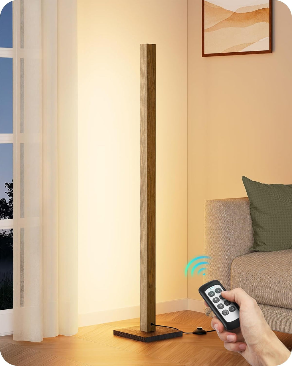 Edishine Wood LED Corner Floor Lamp, Modern Dimmable Light with Remote, Minimalist Standing Floor Lamps for Living Room, Bedroom, Office, 7…