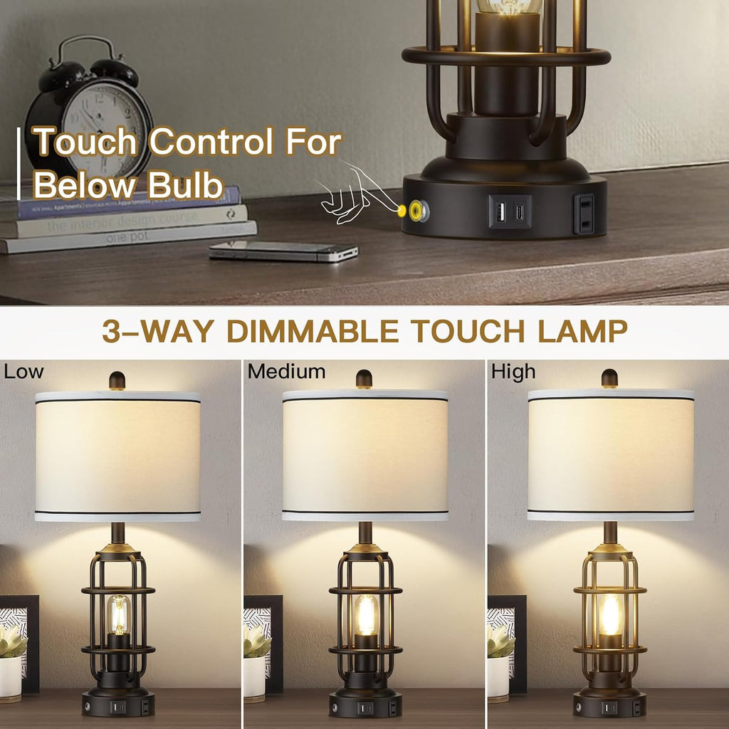 26" Modern Lamp for Living Room, Industrial 3-Way Dimmable Beside Table Lamp with USB A+C Charging Ports & AC Outlet, Touch Control…