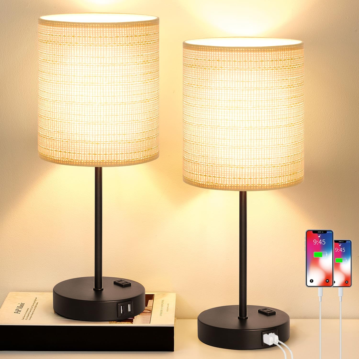 Lynnoland Set of 2 Touch Control Table Lamps, 3-Way Dimmable Bedside Nightstand Lamps for Bedroom Living Room Nursery, 800 Lumens 3000K…