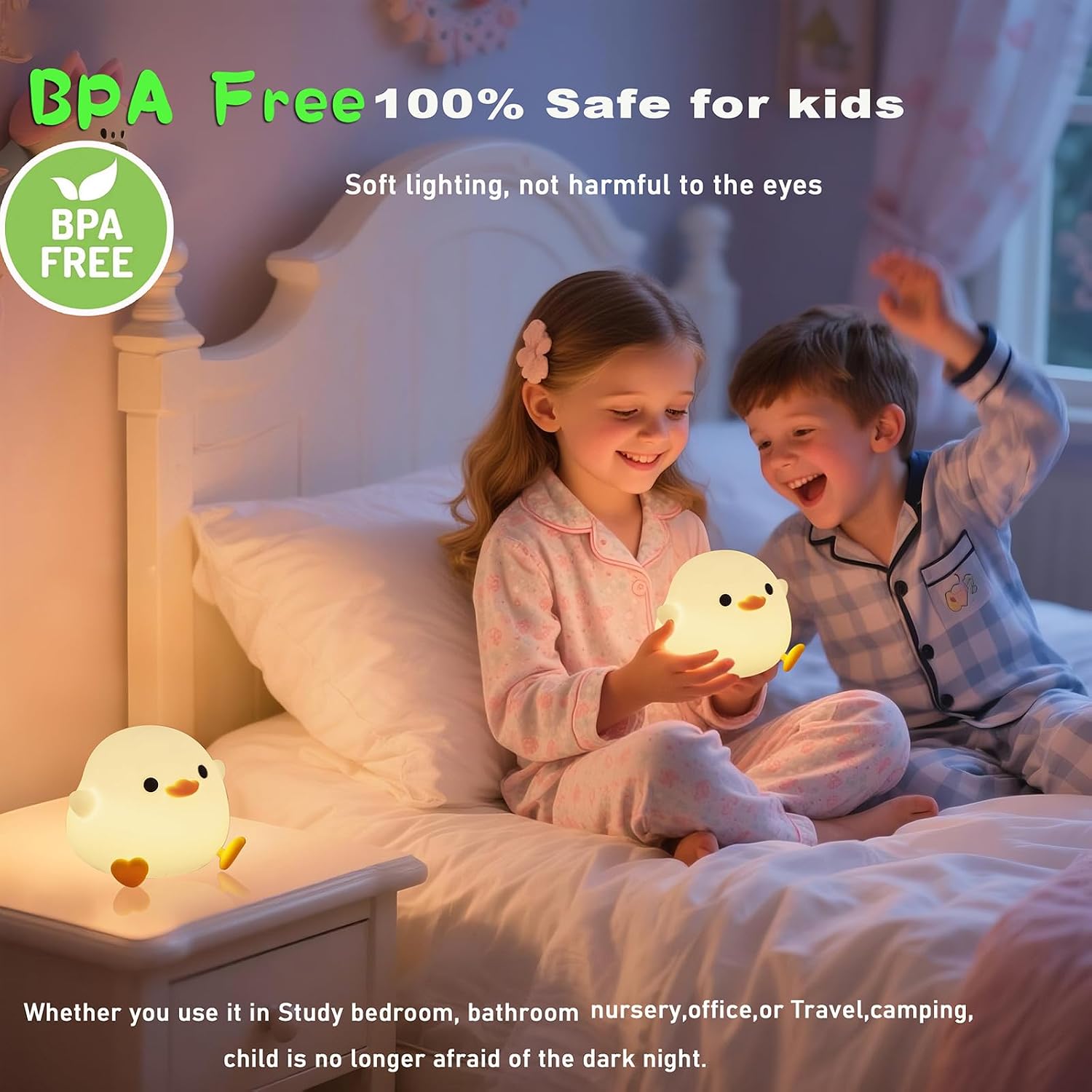 HAPPYBAG Cute Pea Duck Night Light, Duck Lamp,2 Levels Dimmable Silicone Ducky Light, LED Squishy Animal Light for Kids Sleep, Rechargeable…