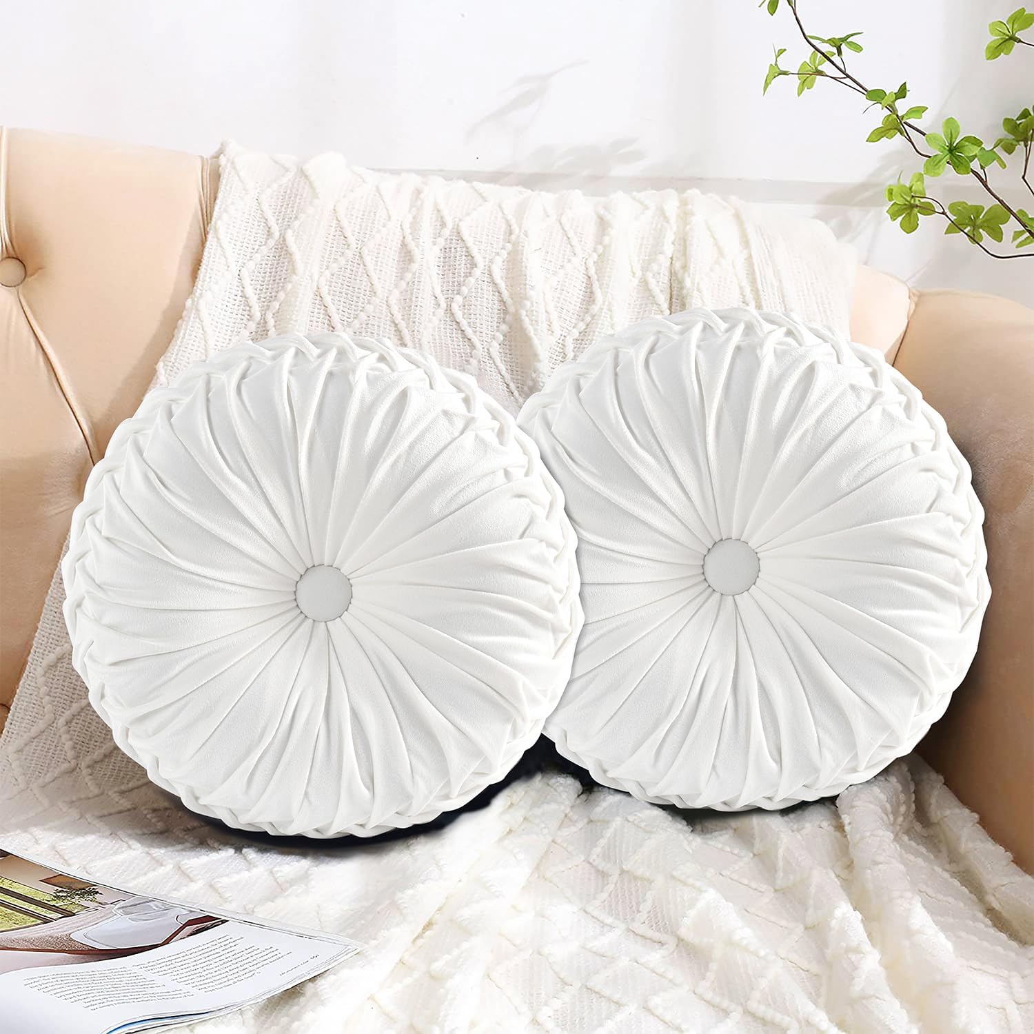 Hig Set of 2 Decorative Round Pleated Throw Pillows, Classy Accent Pumpkin Throw Pillows with Center Button, Vintage Velvet Floor Pillows f…