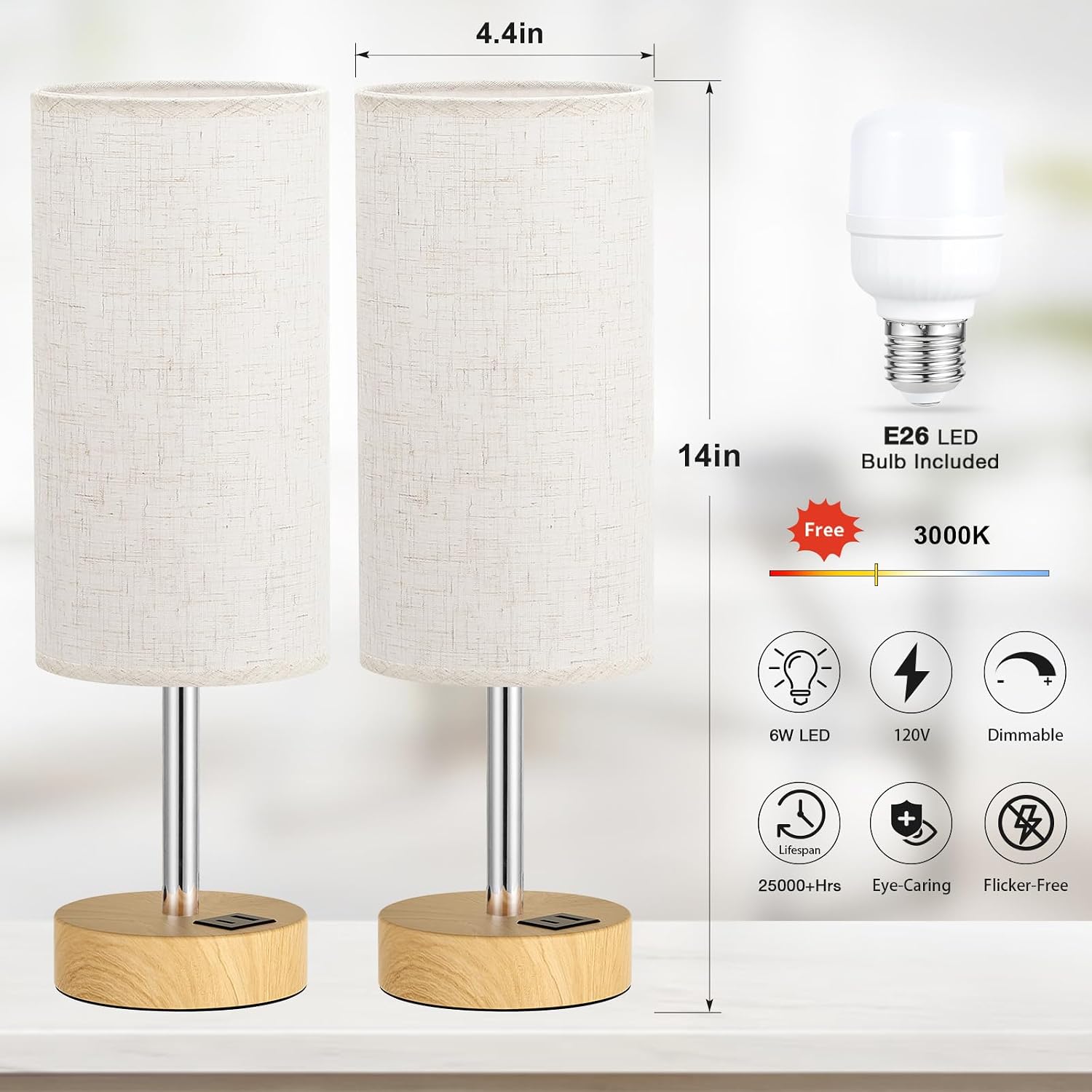 Touch Bedside Lamps Set of 2 - 3 Way Dimmable Table Lamps for Bedroom, Nightstand Lamp with Wooden Charging Station for Kids Room Dorm…