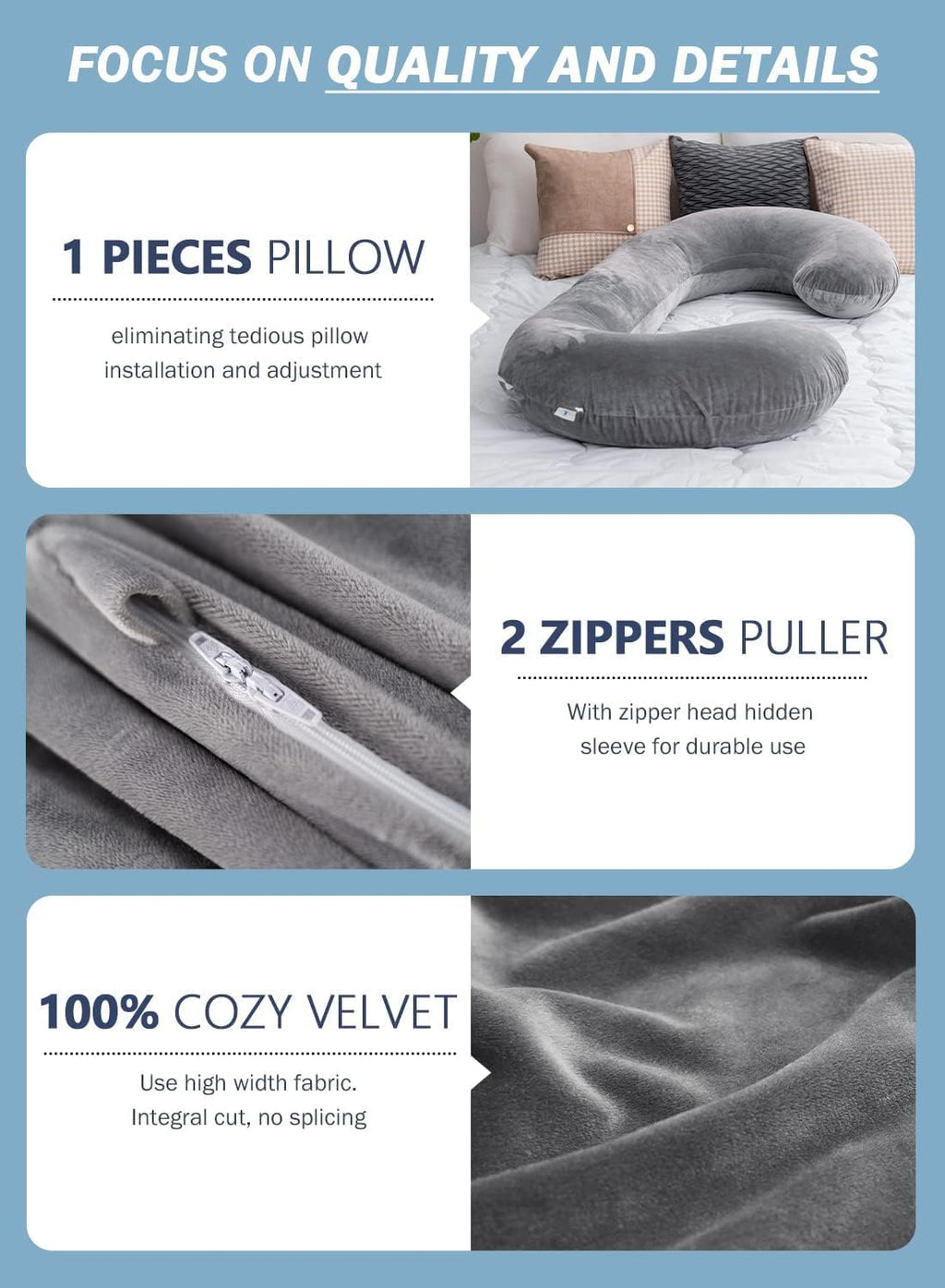 INSEN Pregnancy Pillow for Sleeping, Maternity Pillow with Jersey Cotton Cover, C Shaped Body Pillow for Pregnant (Gray)