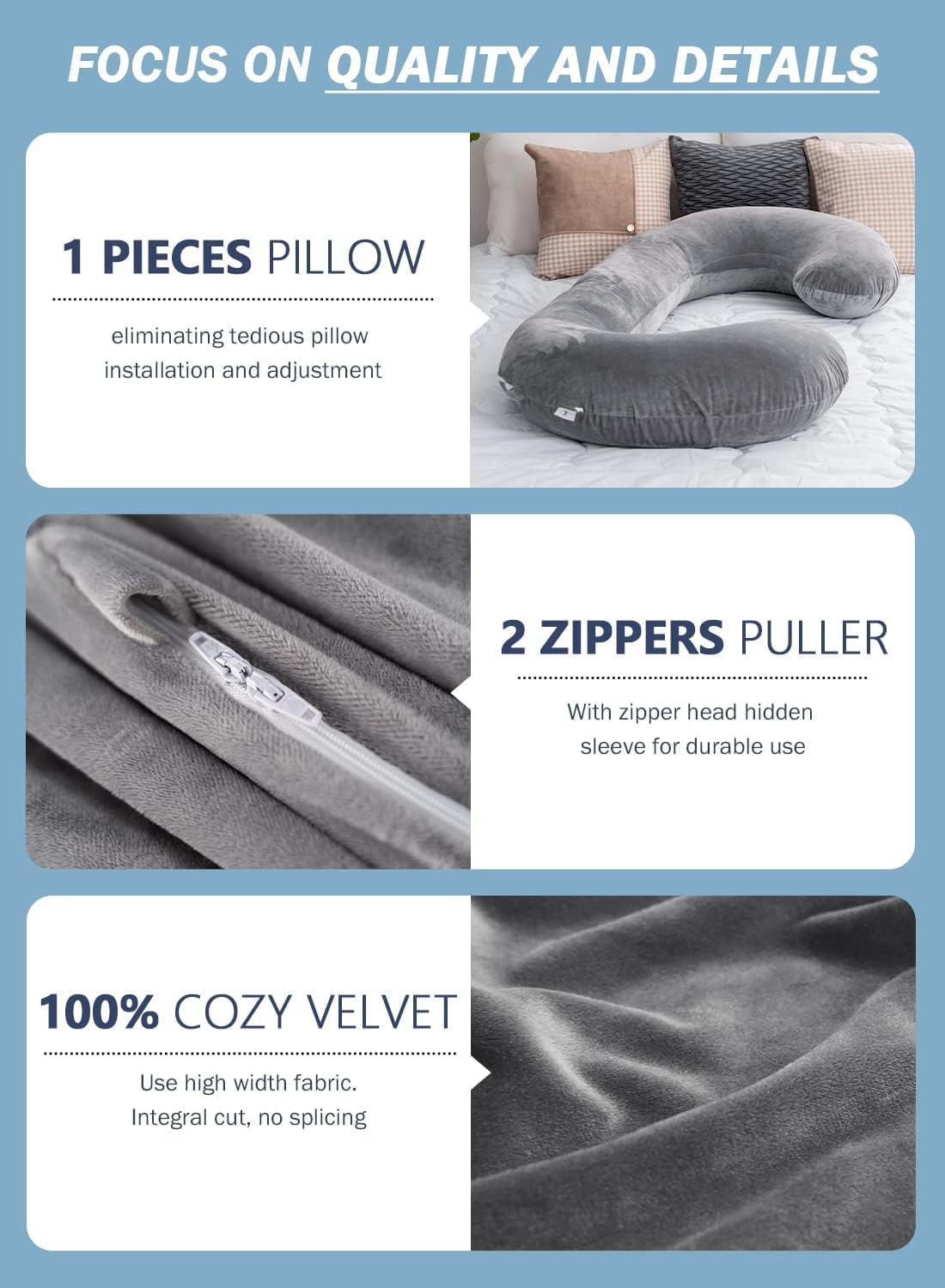 INSEN Pregnancy Pillow for Sleeping, Maternity Pillow with Jersey Cotton Cover, C Shaped Body Pillow for Pregnant (Gray)