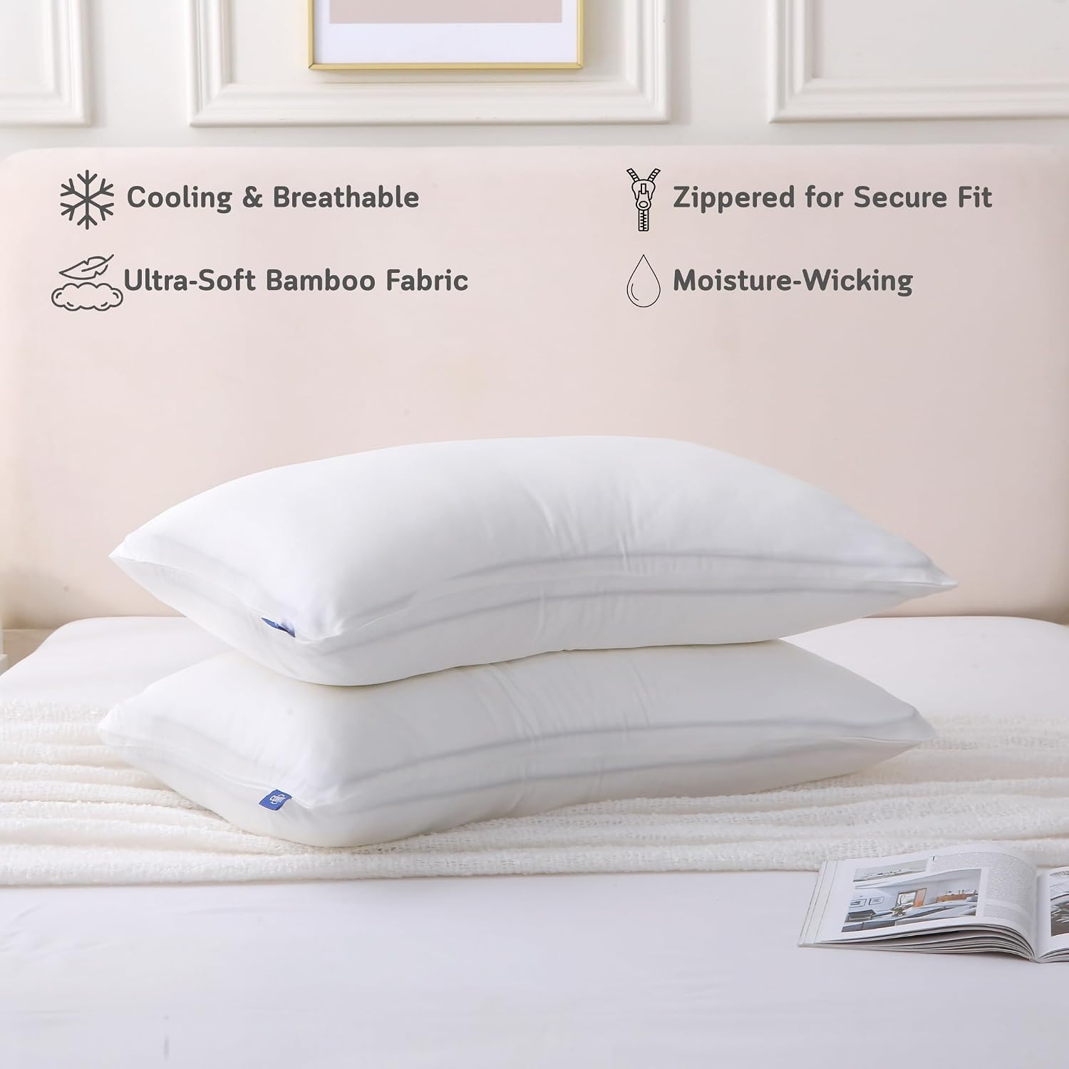 Cooling Pillow Covers for Curved Pillows – 2-Pack 28x20 Pearl White Moon-Shaped Zippered Pillowcases, 100% Rayon Derived from Bamboo…