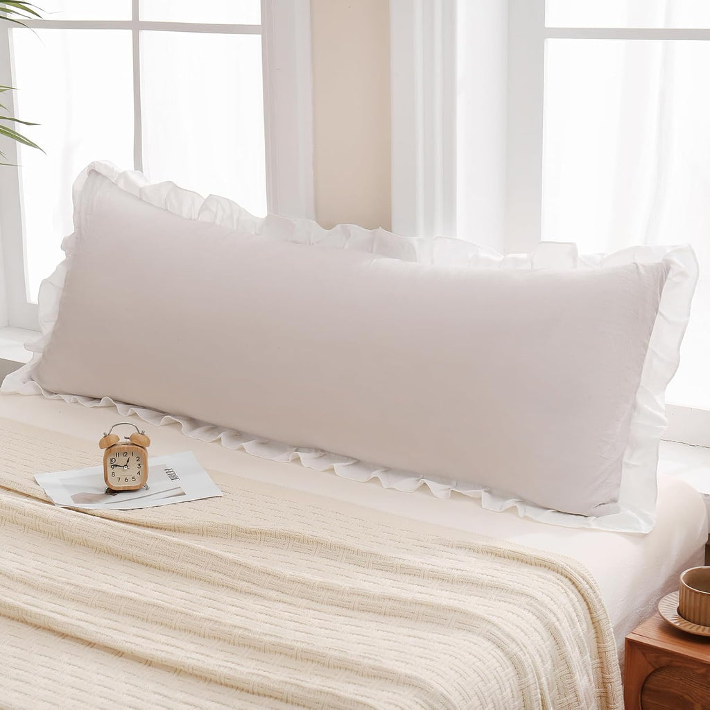 Merryword Beige Body Pillow Cover 20x54inches Beige and White Reversible Long Pillowcase Ruffled Body Pillowcases Cute Pillowcase Pillow Sh…