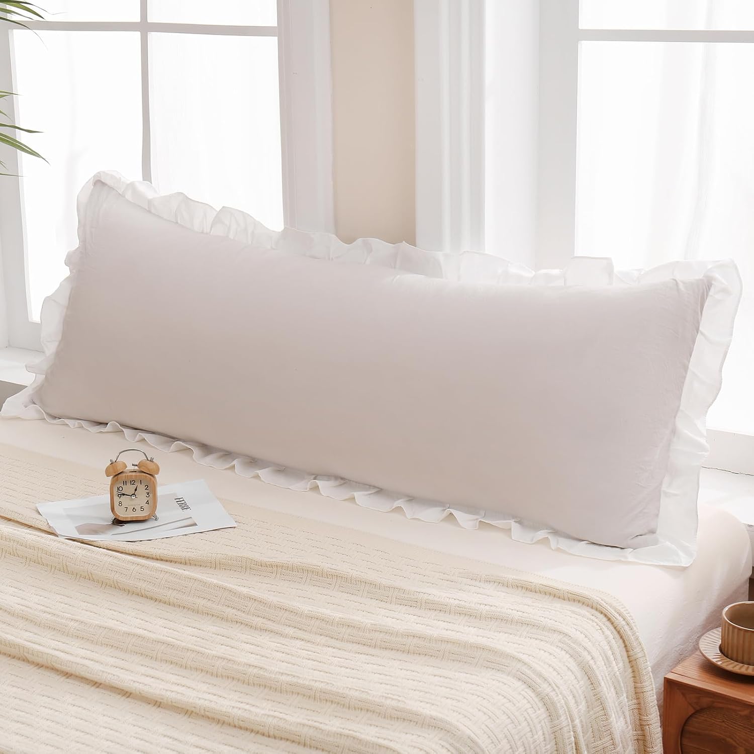 Merryword Beige Body Pillow Cover 20x54inches Beige and White Reversible Long Pillowcase Ruffled Body Pillowcases Cute Pillowcase Pillow Sh…