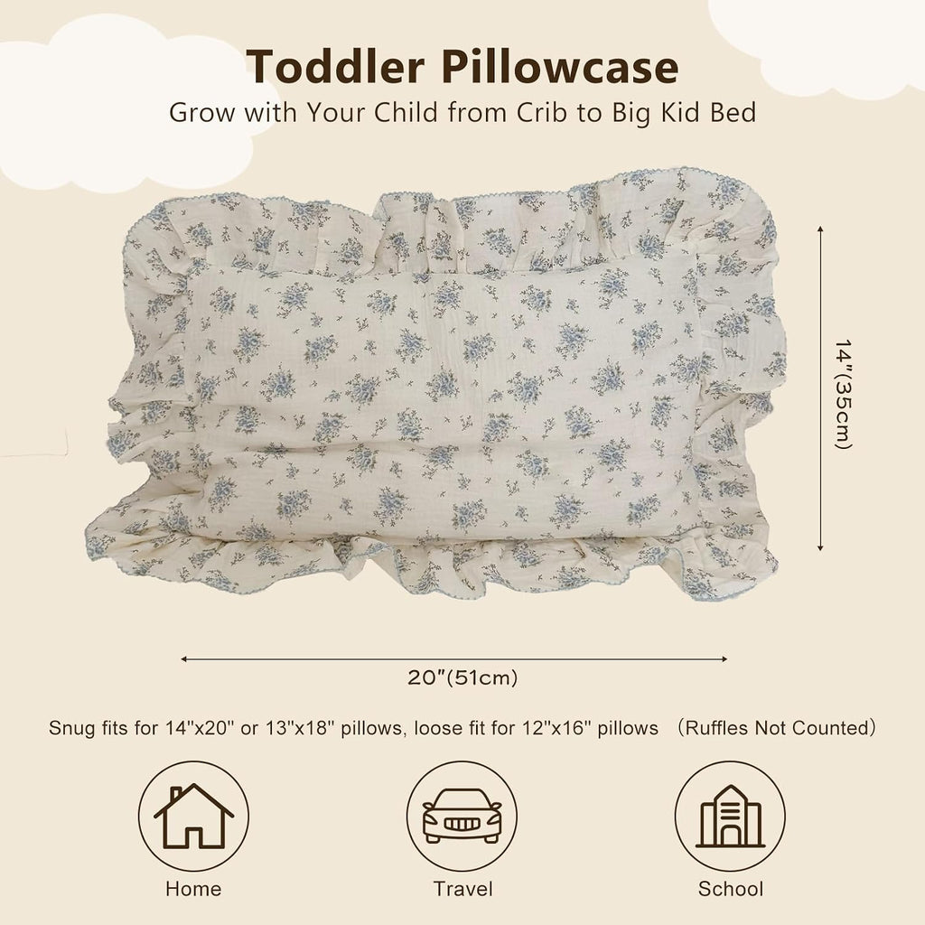 BuLuTu Cotton Muslin Toddler Pillowcases with Blue Flowers Print Soft Breathable Gauze Small Pillow Case for Toddler Boys Girls Nursery…