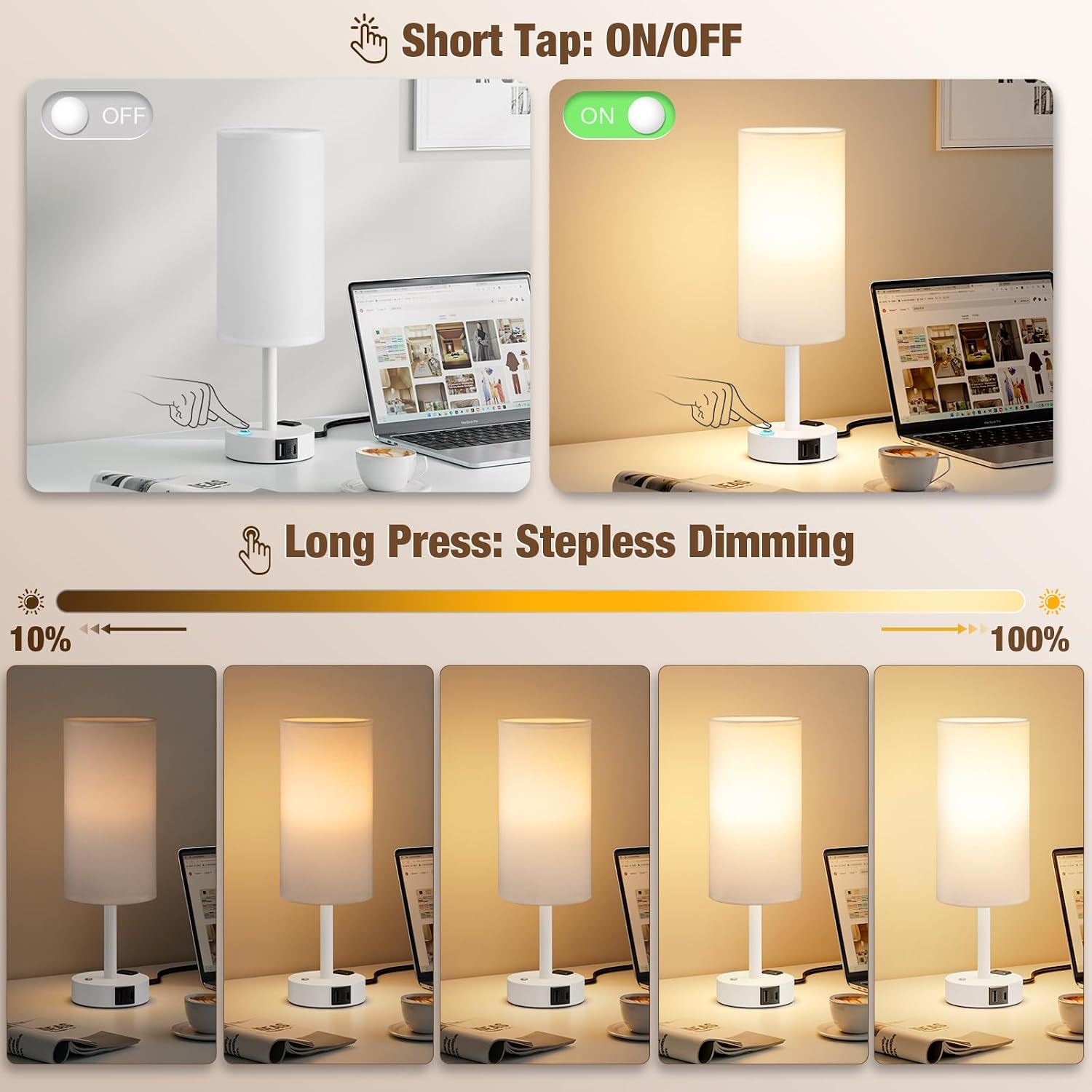 Aooshine Touch Bedside Table Lamp with Memory - Stepless Dimmable Lamp for Bedroom, Small Nightstand Lamp with Dual USB Charging Ports and…