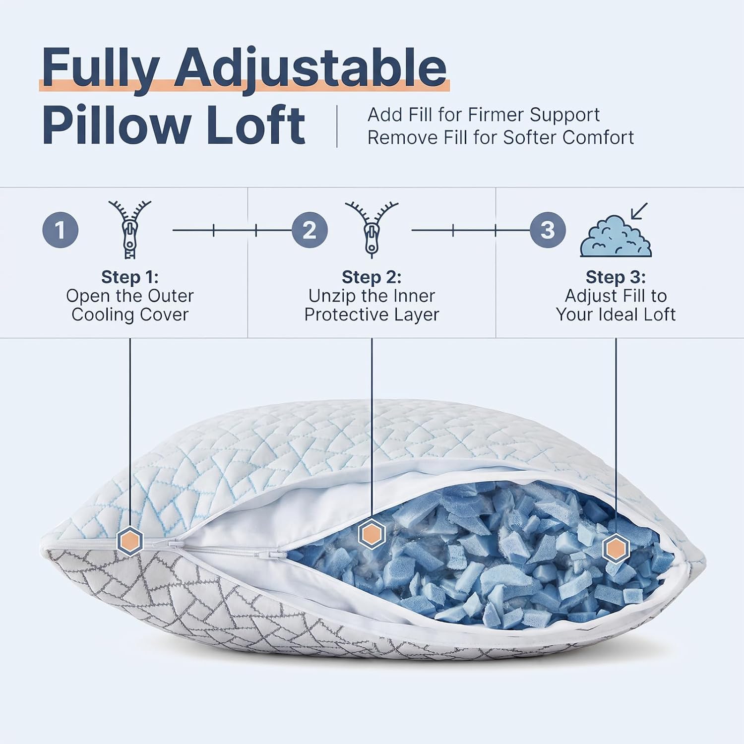 Alkyonos Cooling Pillow for Sleeping:Adjustable Shredded Memory Foam Bed Pillow, Queen Size Set of 2 with Ice Cover, Breathable &…