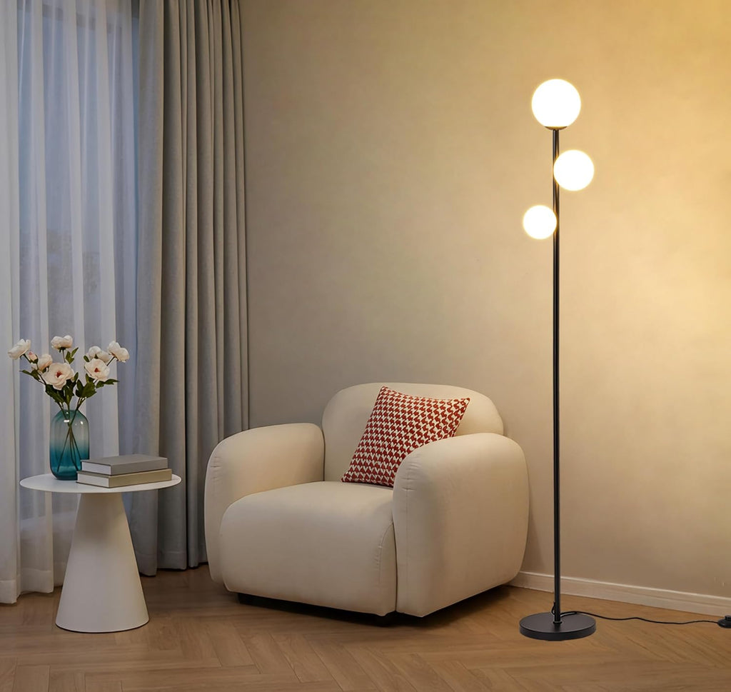 Fiqevs 3 Globe Mid Century Modern Floor Lamp, 3 x 800LM LED Bulbs Included, Matt Black Standing Lamp with Sphere Frosted Glass Shade…