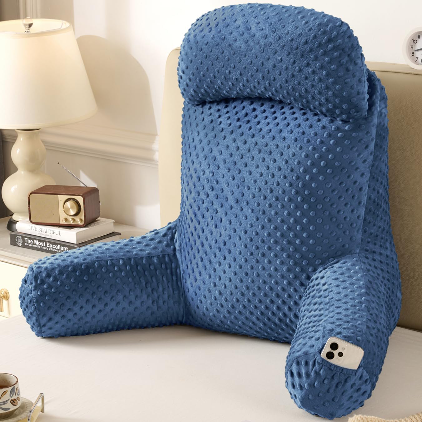 Reading Pillow for Sitting in Bed Couch Adult, Back Pillow for Bed Sitting Up, Back-Rest Support Cushion with Pockets and Arms, Watching…