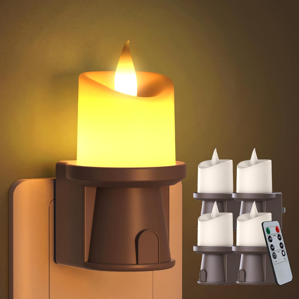 2-in-1 Plug in Night Light (4 Pack) - Dual Mode: Dusk to Dawn Sensor OR Remote Timer - Dimmable Electric Candle Wall Sconce for Farmhouse…