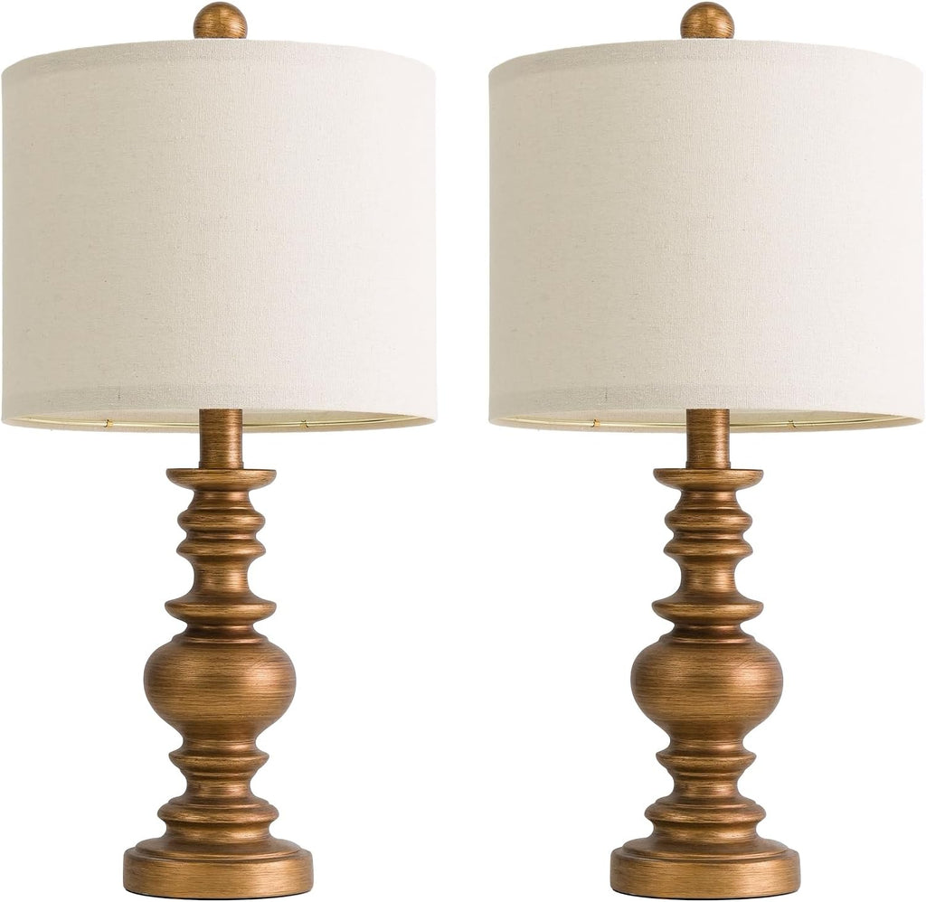 BOBOMOMO 20" Antique Gold Table Lamps Set of 2 – Handcrafted Vintage Bedside Lamps with Linen Shades, Elegant Farmhouse Lamps for…