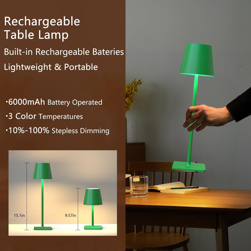 Yogaret Green Cordless Table Lamp Set of 2-3 Color Stepless and Dimmable - for Restaurant Dining Bedroom Home Bar
