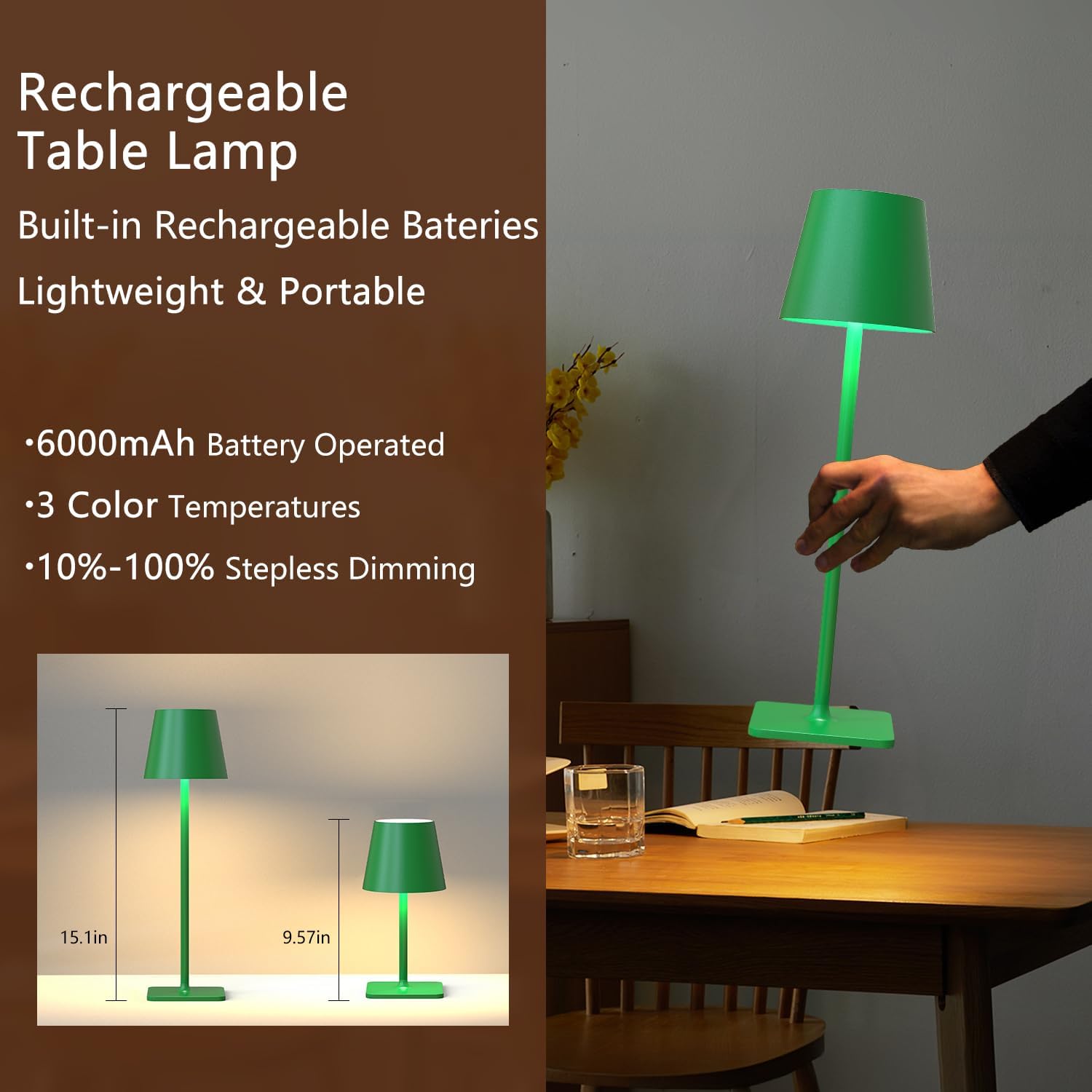 Yogaret Green Cordless Table Lamp Set of 2-3 Color Stepless and Dimmable - for Restaurant Dining Bedroom Home Bar