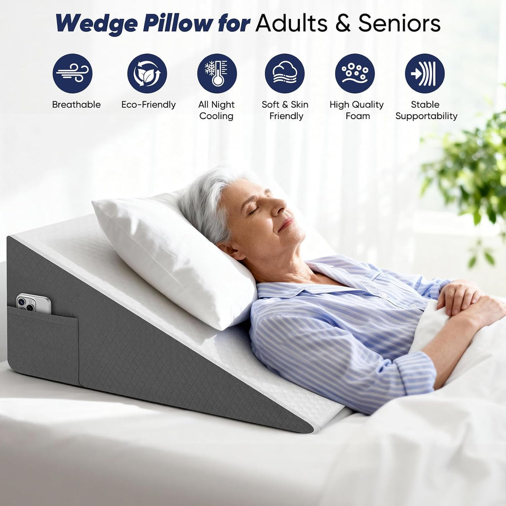 12 inch Bed Wedge Pillow for Adults Seniors, Cooling Memory Foam Incline Pillow for Sleeping, Reading & Resting, Back Support and Leg…
