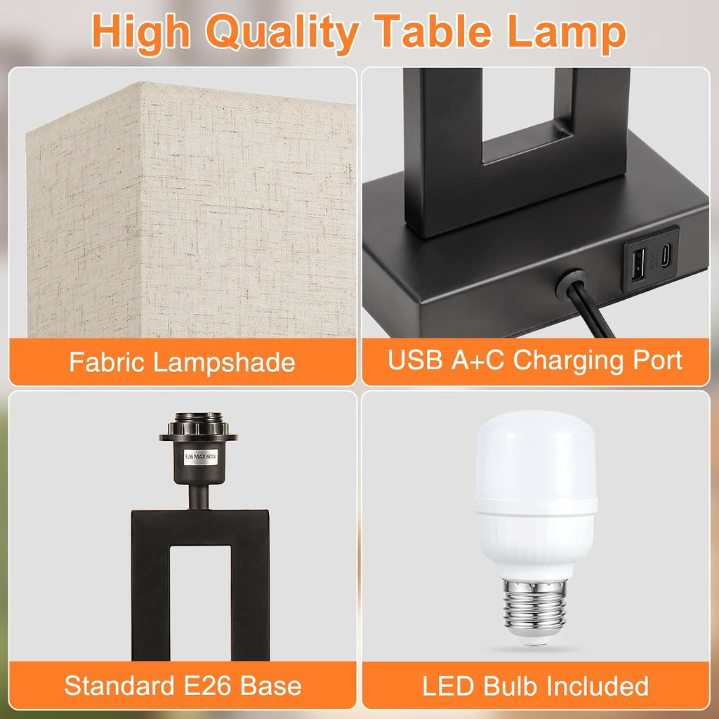 Seealle 22" Tall Living Room Lamps for Night Stands - Touch Bedside Lamp with USB C+A, 3 Way Dimmable Bedroom Lamps for End Tables Set of…