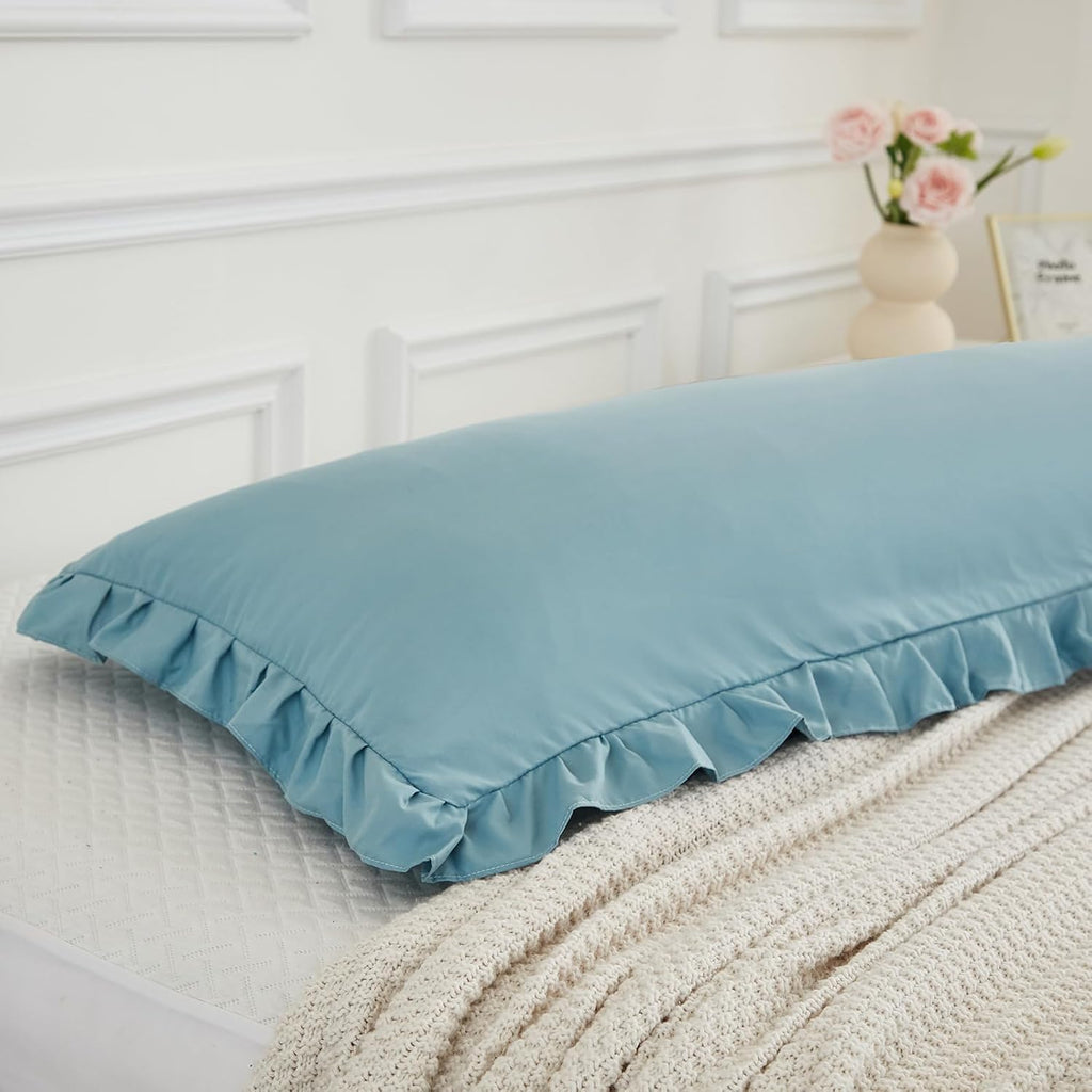 Merryword Dusty Blue Body Pillow Cover 20x54inches Long Pillowcase Ruffled Fringe Decor Sham Cute Pillowcase (1 Body) Blue