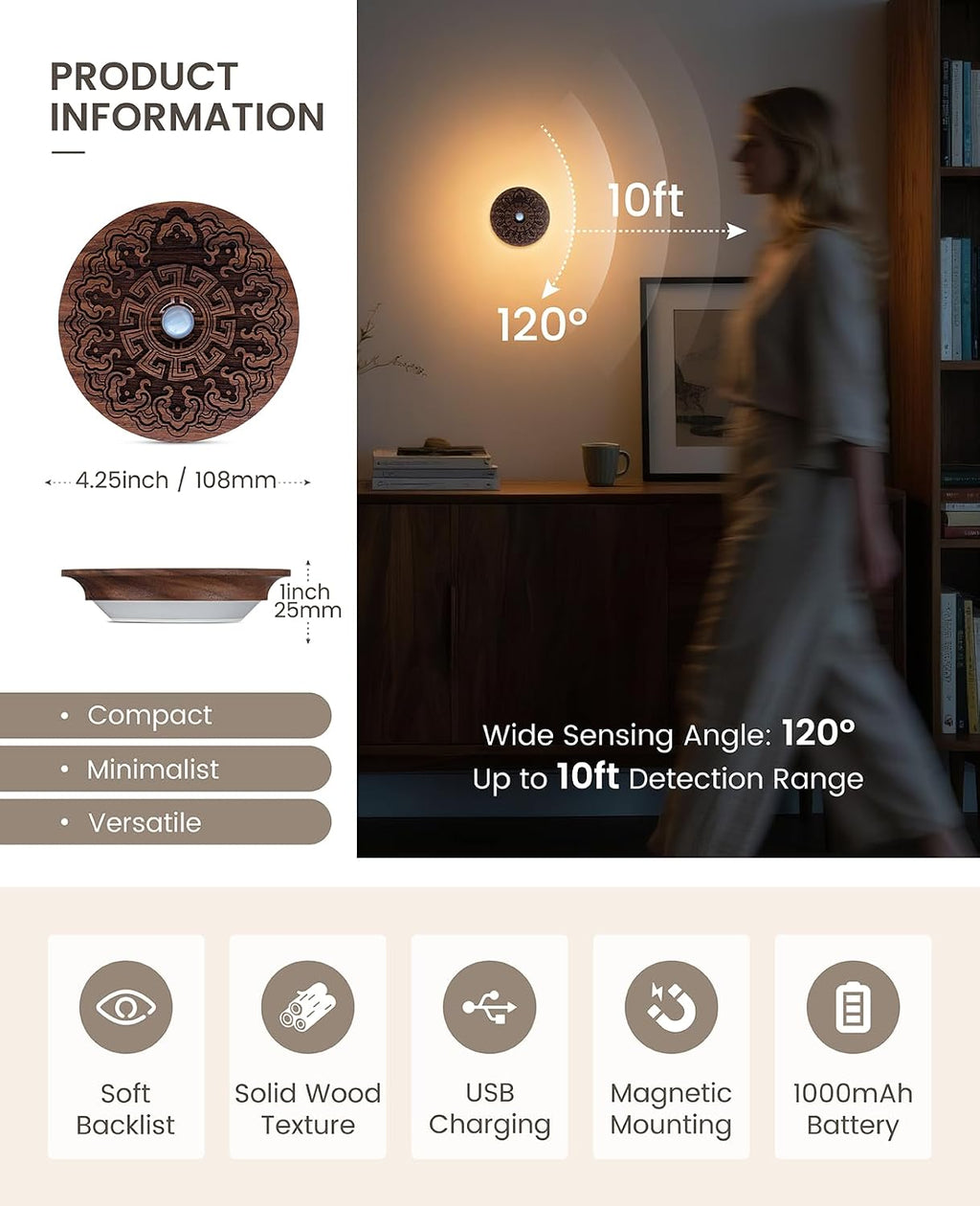 Motion Sensor Night Light Wood USB Rechargeable Stick-On Step Lights Magnetic Small Wall Lights for Hallway Bedroom Living Room Stair…