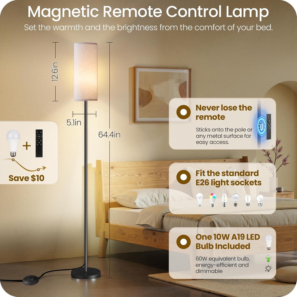 Dimmable Floor Lamp for Living Room with Remote and Foot Switch, Corner Floor Lamp, 64.4" Standing Tall Lamp, 10W 900LM LED Bulb…