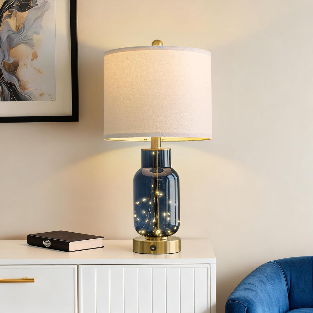 Oneach 22" Glass Table Lamps Set of 2, Blue Modern Bedside Lamp with LED Night Light for Living Room, Nightstand Lamp with USB Ports for Be…