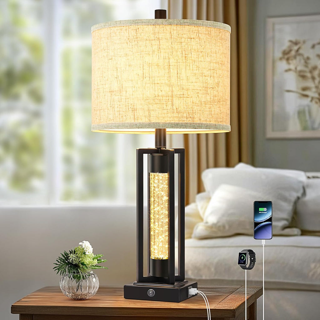 Tobusa 26’’ Farmhouse Table Lamp for Living Room, Vintage Crystal Nightstand Lamp with 2 USB Ports, Rustic Bedside Lamp with Fabric Shade,…