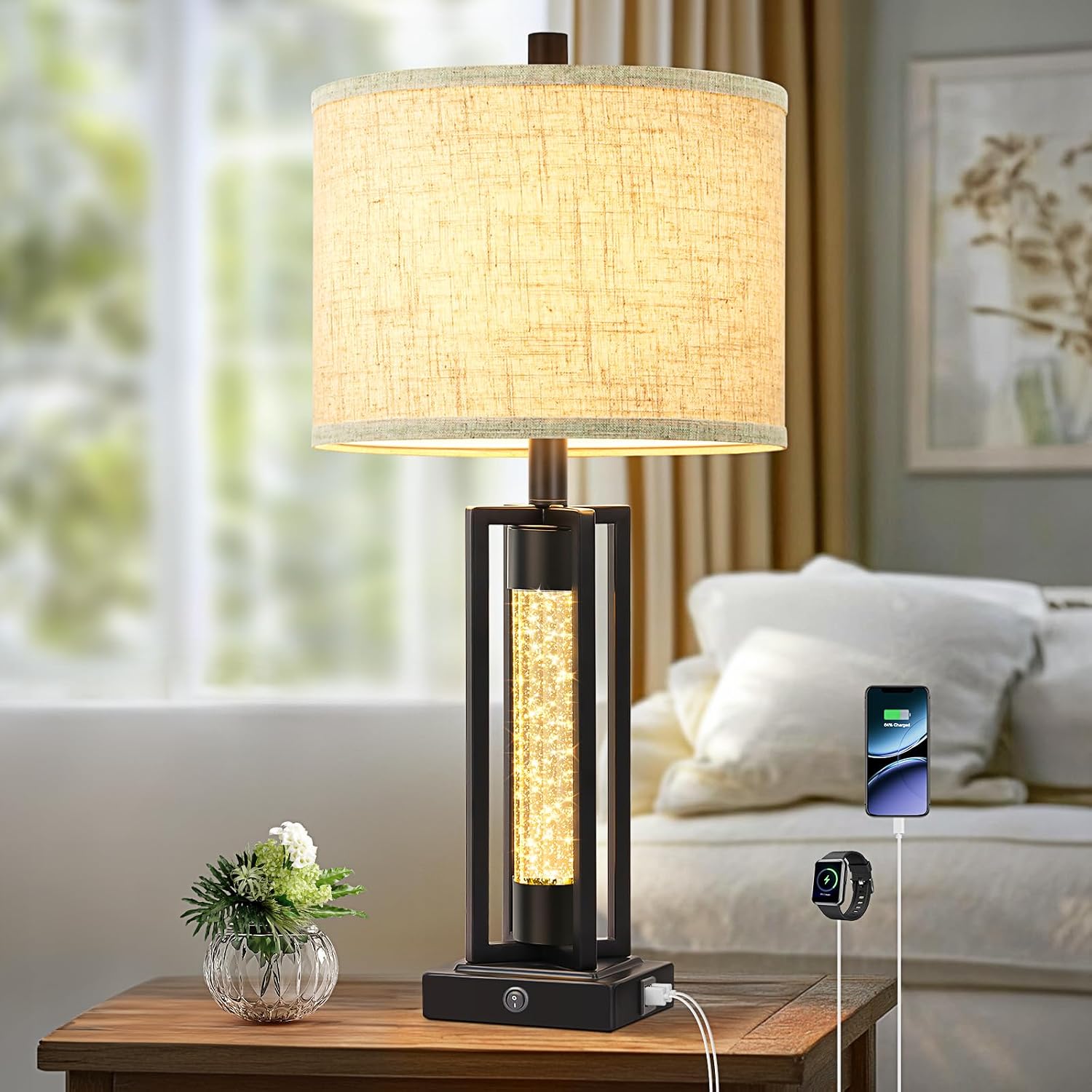 Tobusa 26’’ Farmhouse Table Lamp for Living Room, Vintage Crystal Nightstand Lamp with 2 USB Ports, Rustic Bedside Lamp with Fabric Shade,…