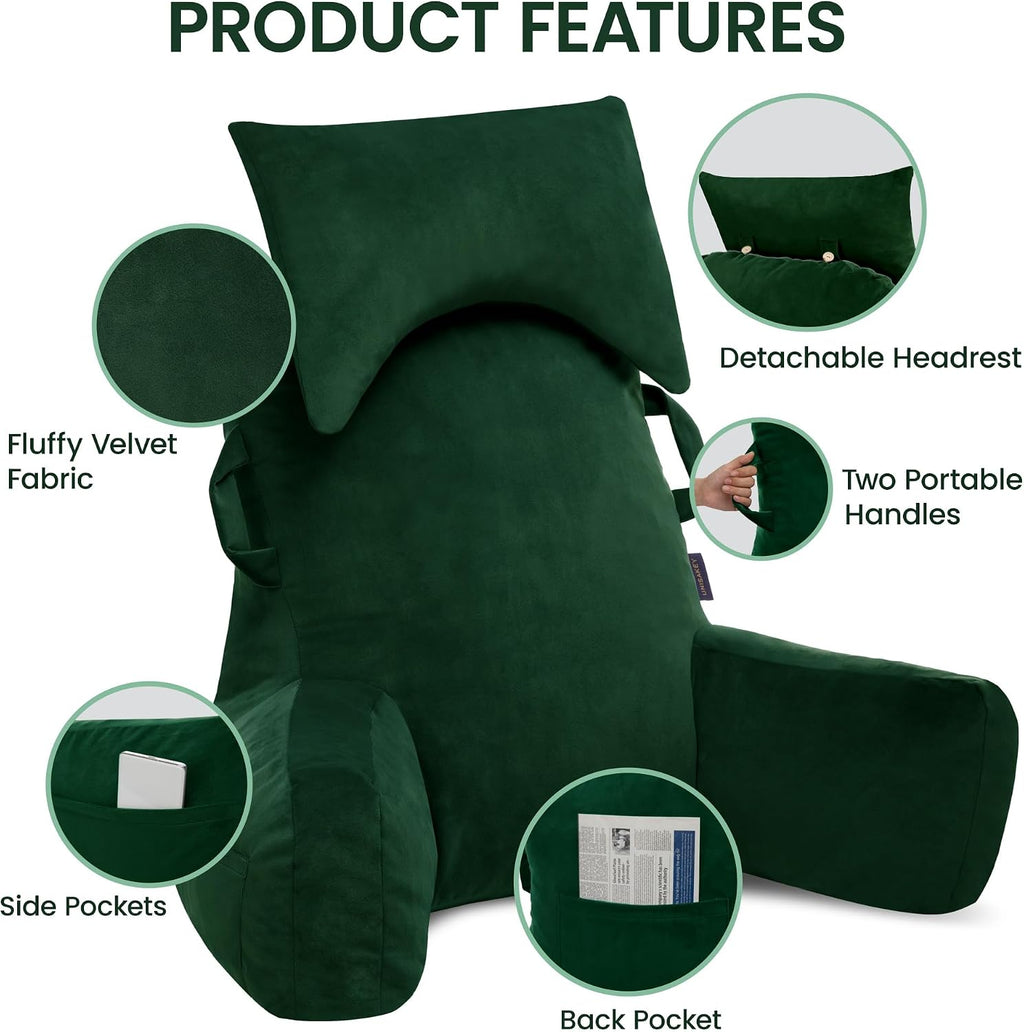 Unisakey Portable Reading Pillows with Headrest for Bed Sitting Up(Dark Green Oeko-Tex), Velvet Back Pillow with Arms & Pockets for…