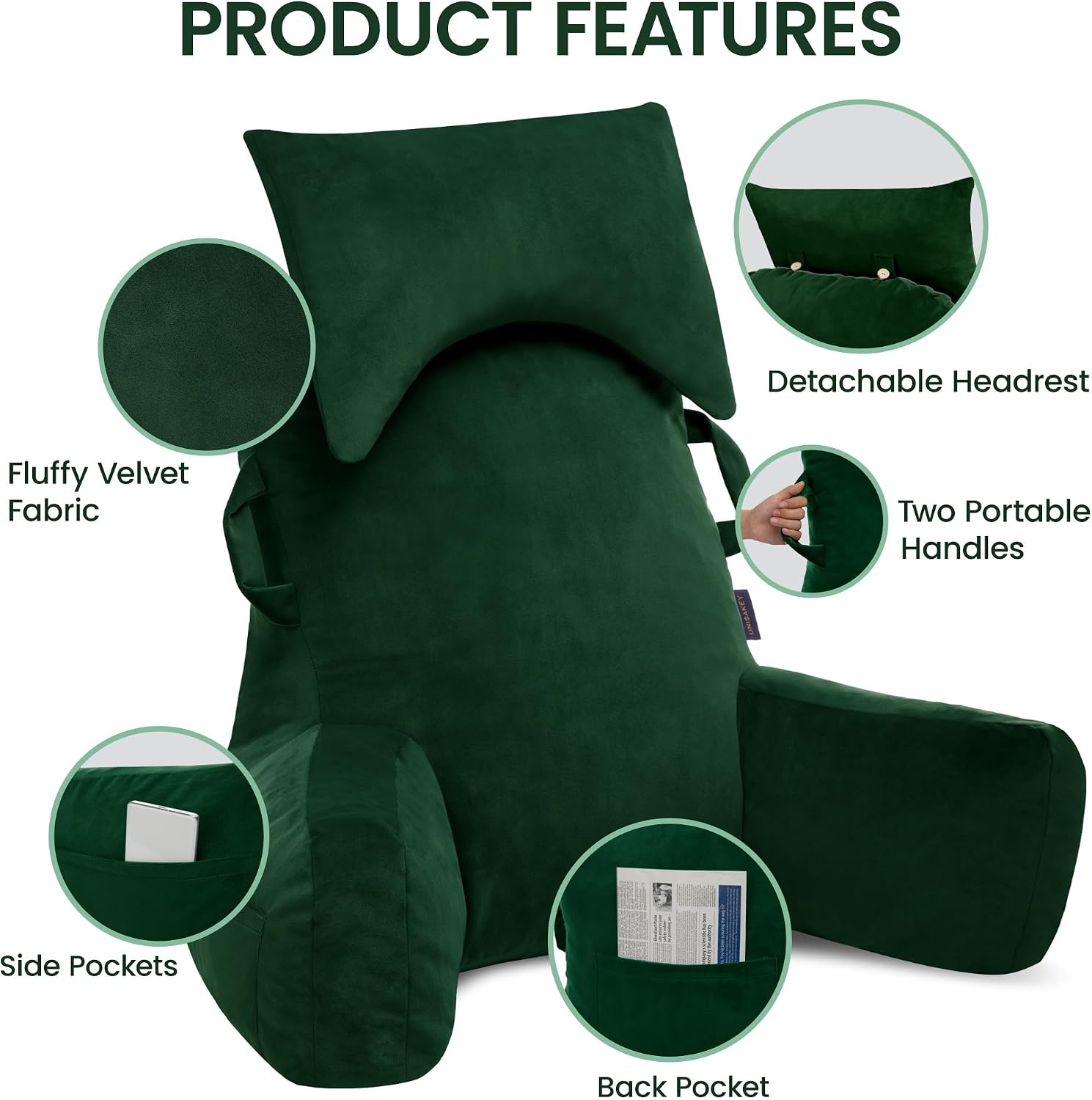 Unisakey Portable Reading Pillows with Headrest for Bed Sitting Up(Dark Green Oeko-Tex), Velvet Back Pillow with Arms & Pockets for…
