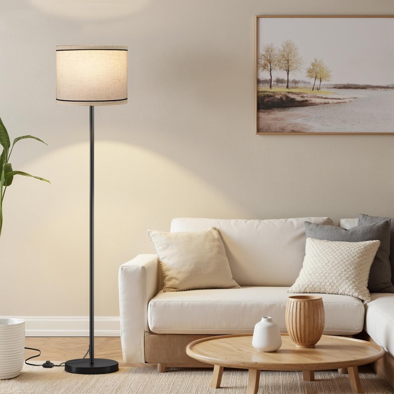 Ambimall 60'' Modern Floor Lamp with Shade, Tall Lamps for Living Room, Bedroom, Office, Dining Room, Beige Lampshade with Black Stripes(Wi…