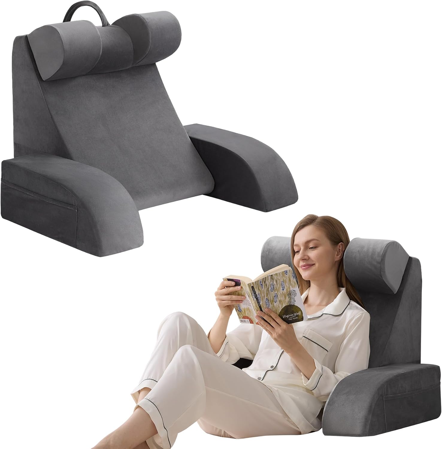 Velorose Reading Pillow for Sitting in Bed Adult, Back Pillow for Bed Sitting up, Backrest Pillow with Arms, Back Support Pillows for Gamin…